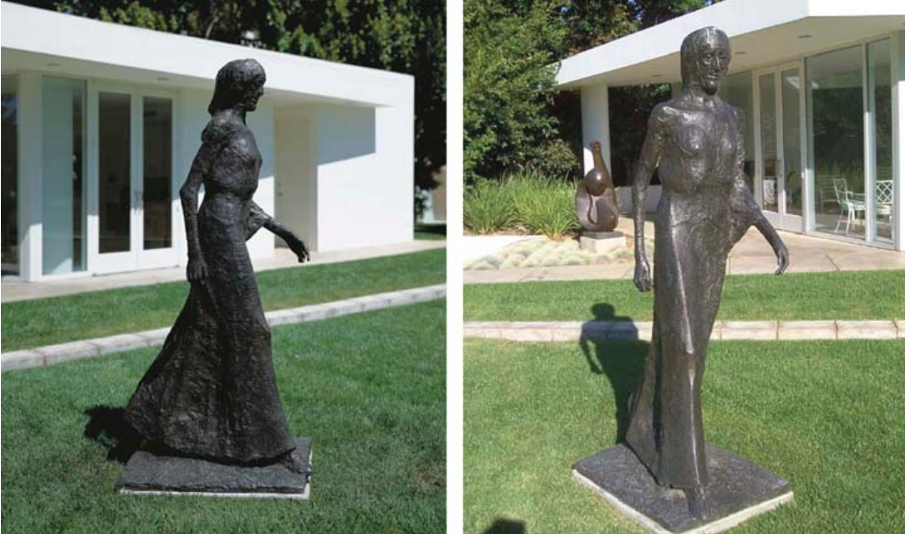  rugged, textured bronze sculpture of Jesus’ mother Mary. She appears to be draped in heavy fabric that both reveals and obscures her form underneath. Her features are angular, with a long nose and chin. She is striding forwards determinedly, with her right leg and left arm forward.