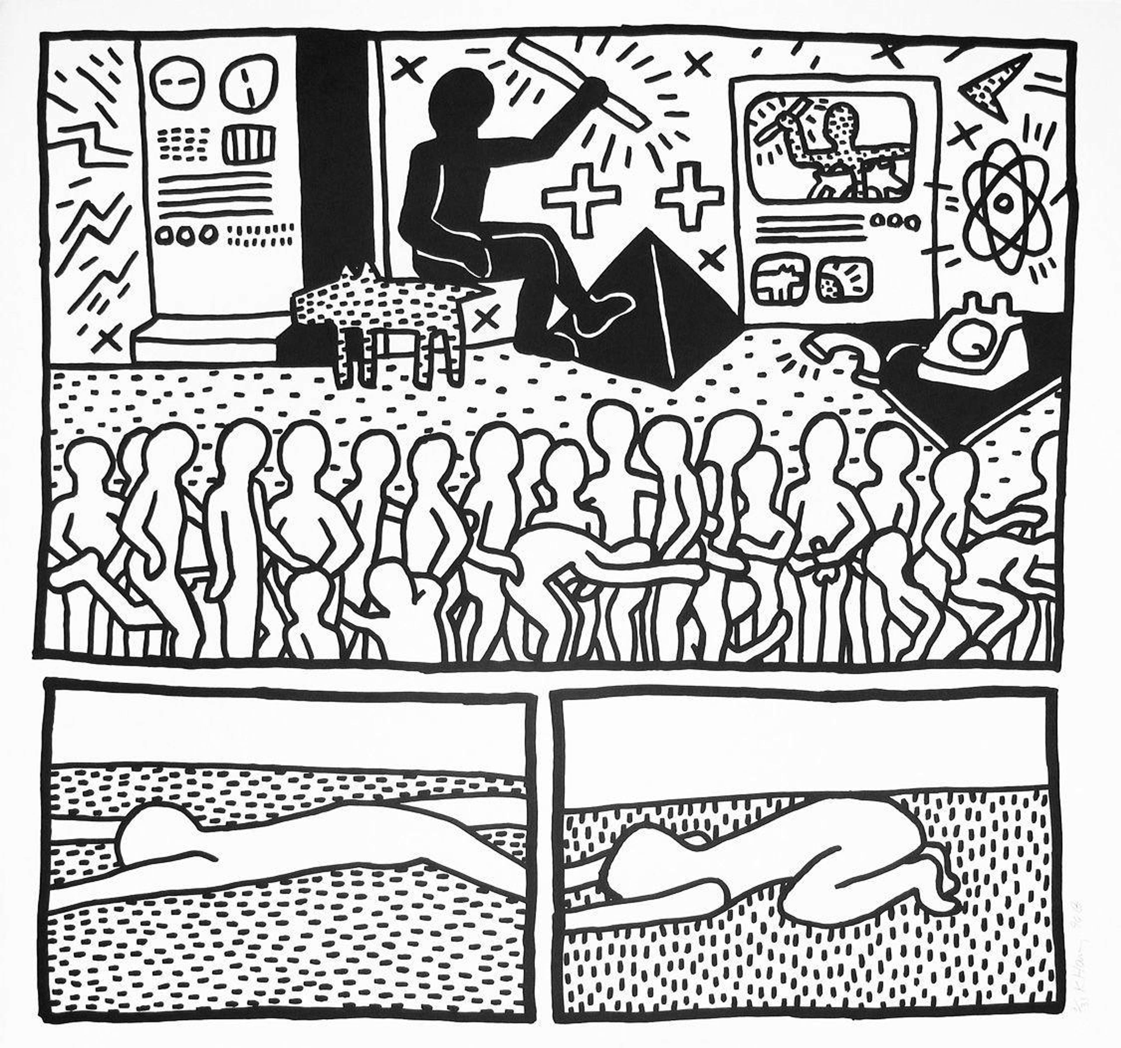 Estampe de Keith Haring, « The Blueprint Drawings 15 ». Une sérigraphie Pop Art représentant une bande dessinée en noir et blanc montrant diverses scènes, notamment des personnages regardant la télévision ensemble.