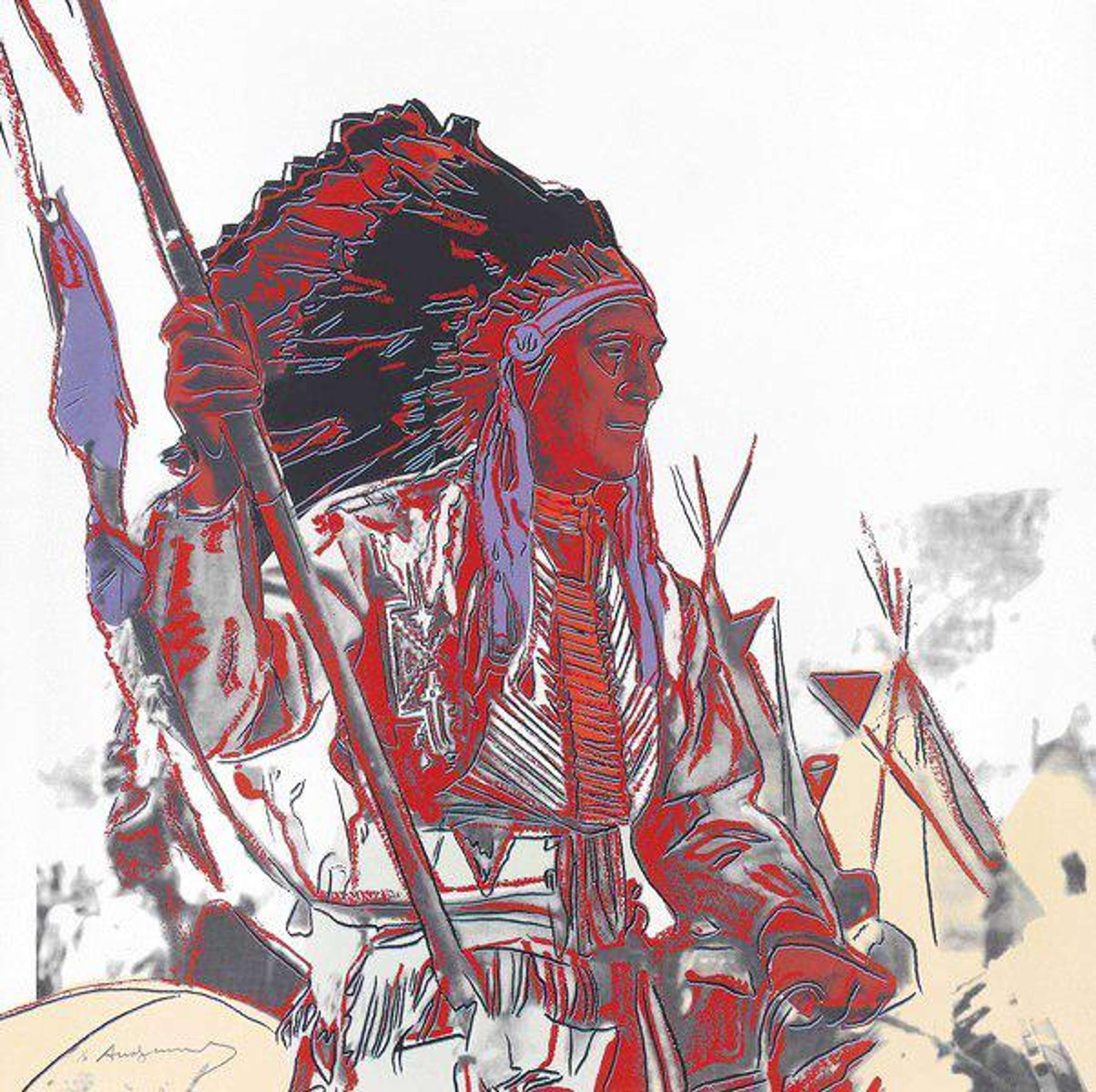 A Warhol screenprint of a Native American man in a feathered war bonnet, reimagined in saturated Pop Art colours.