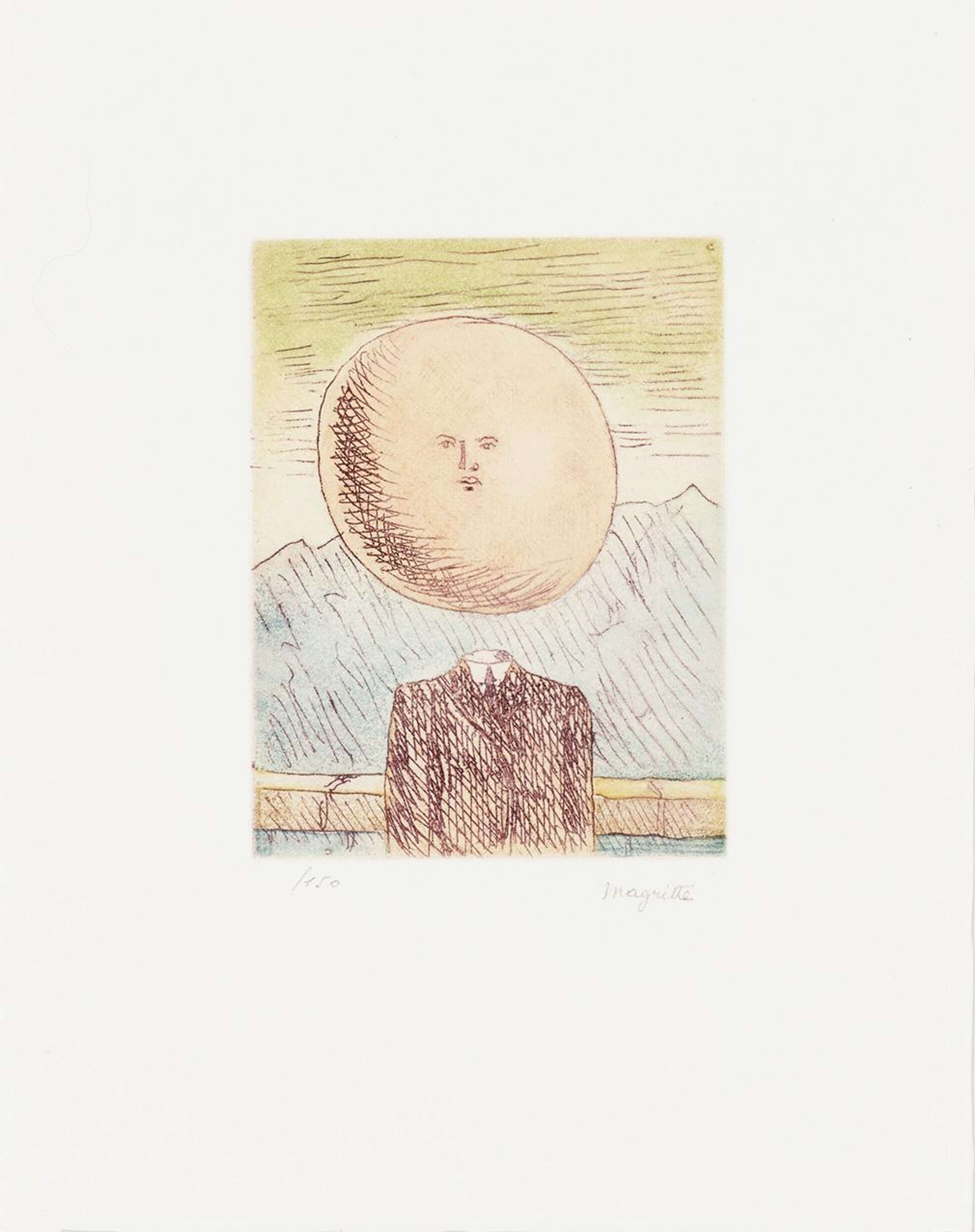 Une gravure brute représentant un homme avec une lune à la place de la tête, dont les traits du visage sont petits au centre. Sous la lune se trouve un costume noir. Derrière lui, on voit une rambarde, et au-delà, des montagnes grises et un ciel jaune-vert. La gravure a été réalisée avec des lignes noires hachurées.