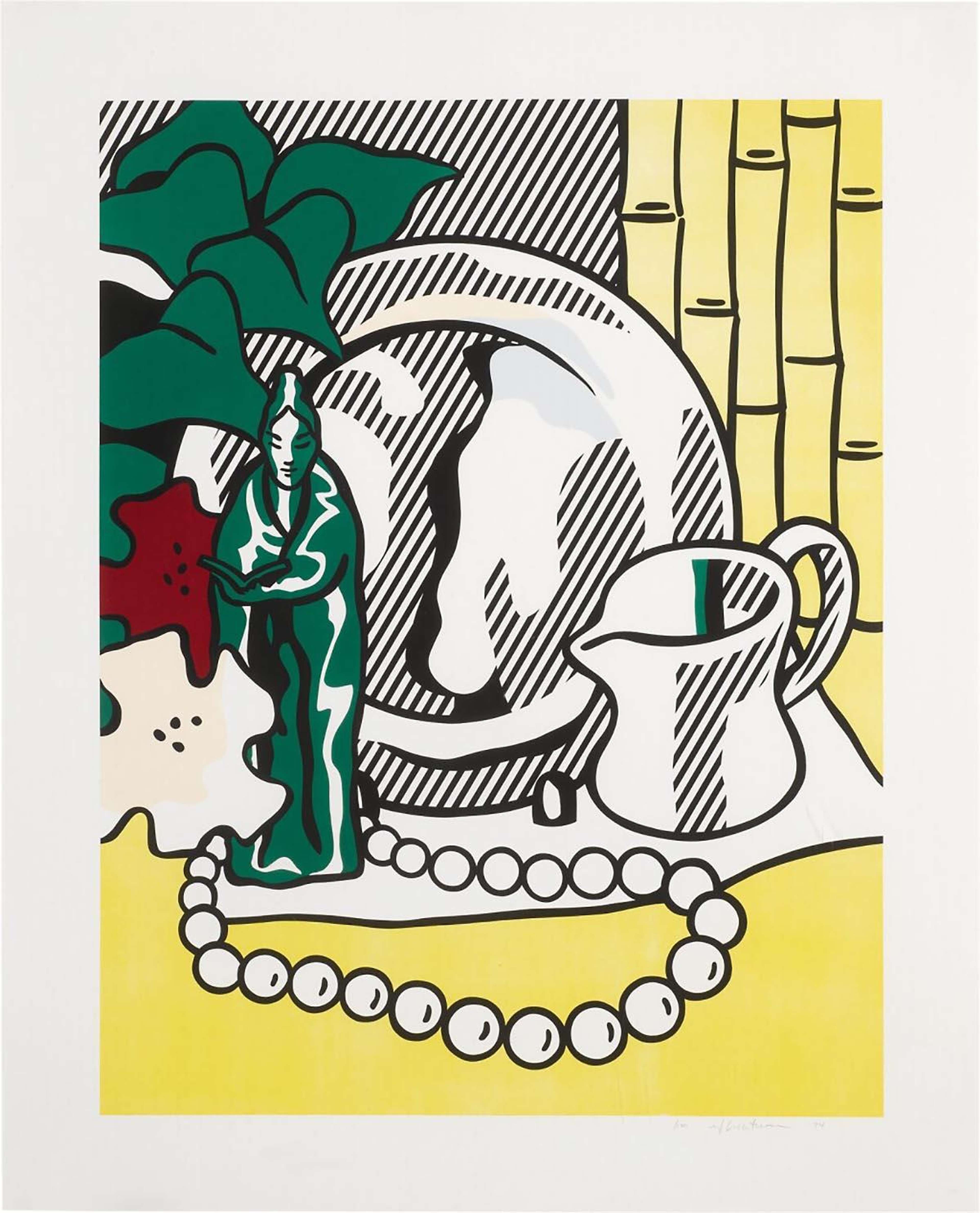 A small praying figurine stands beside a jug and plate against patterned walls in Lichtenstein’s graphic Pop Art style.