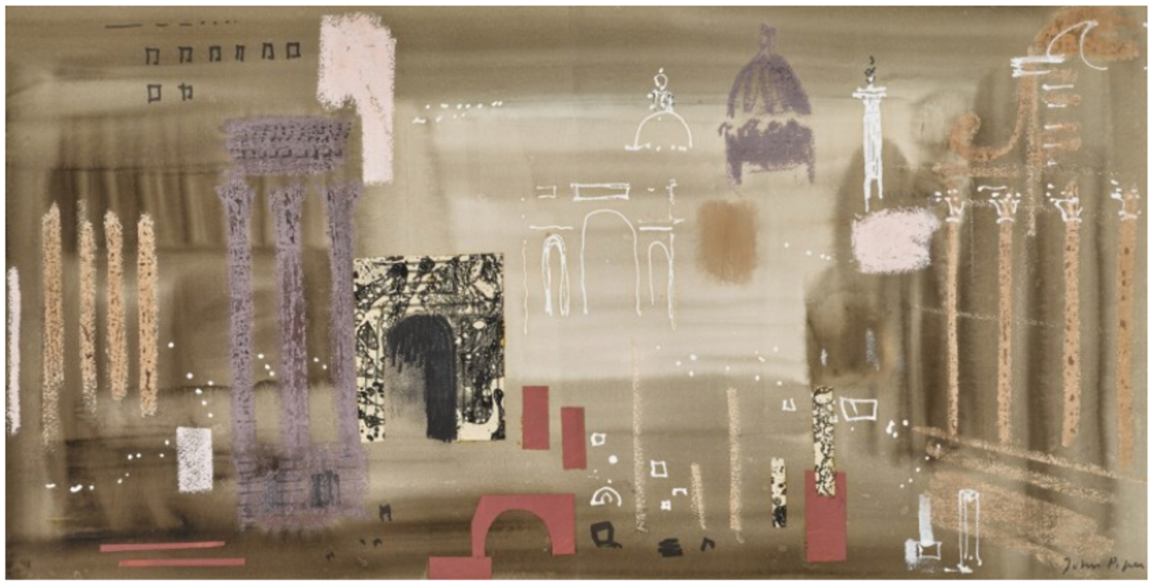 Peinture de grand format, réalisée en collage, représentant l'ombre photographique du centre-ville de Rome. Des marques abstraites évoquant l'architecture de cathédrales célèbres en jaune, violet et rouge ajoutent des éléments identifiables à la composition.