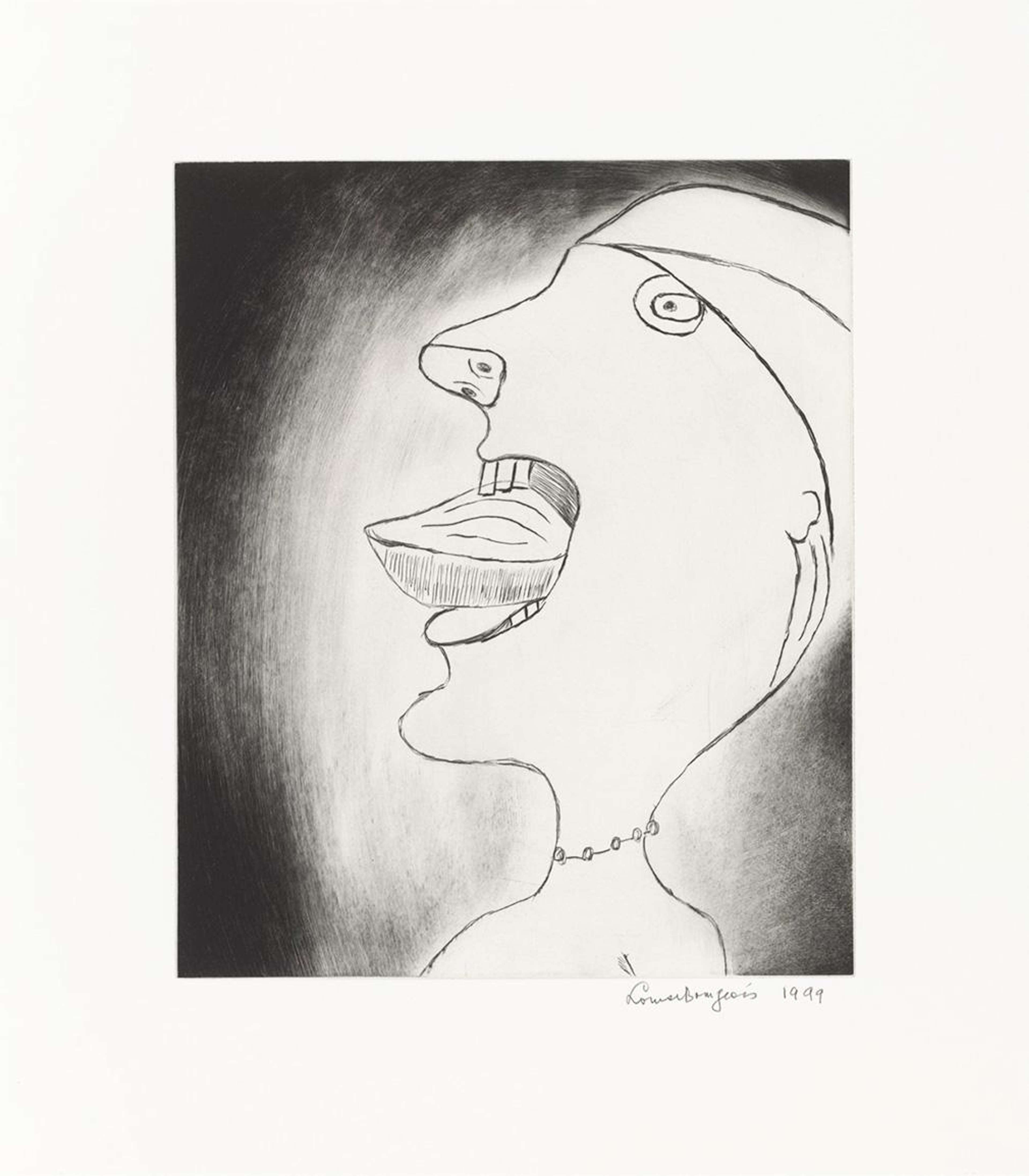 Madeleine de Louise Bourgeois. Une estampe pointe sèche représentant une personne tenant sa tête en arrière, la langue tirée vers l'avant.