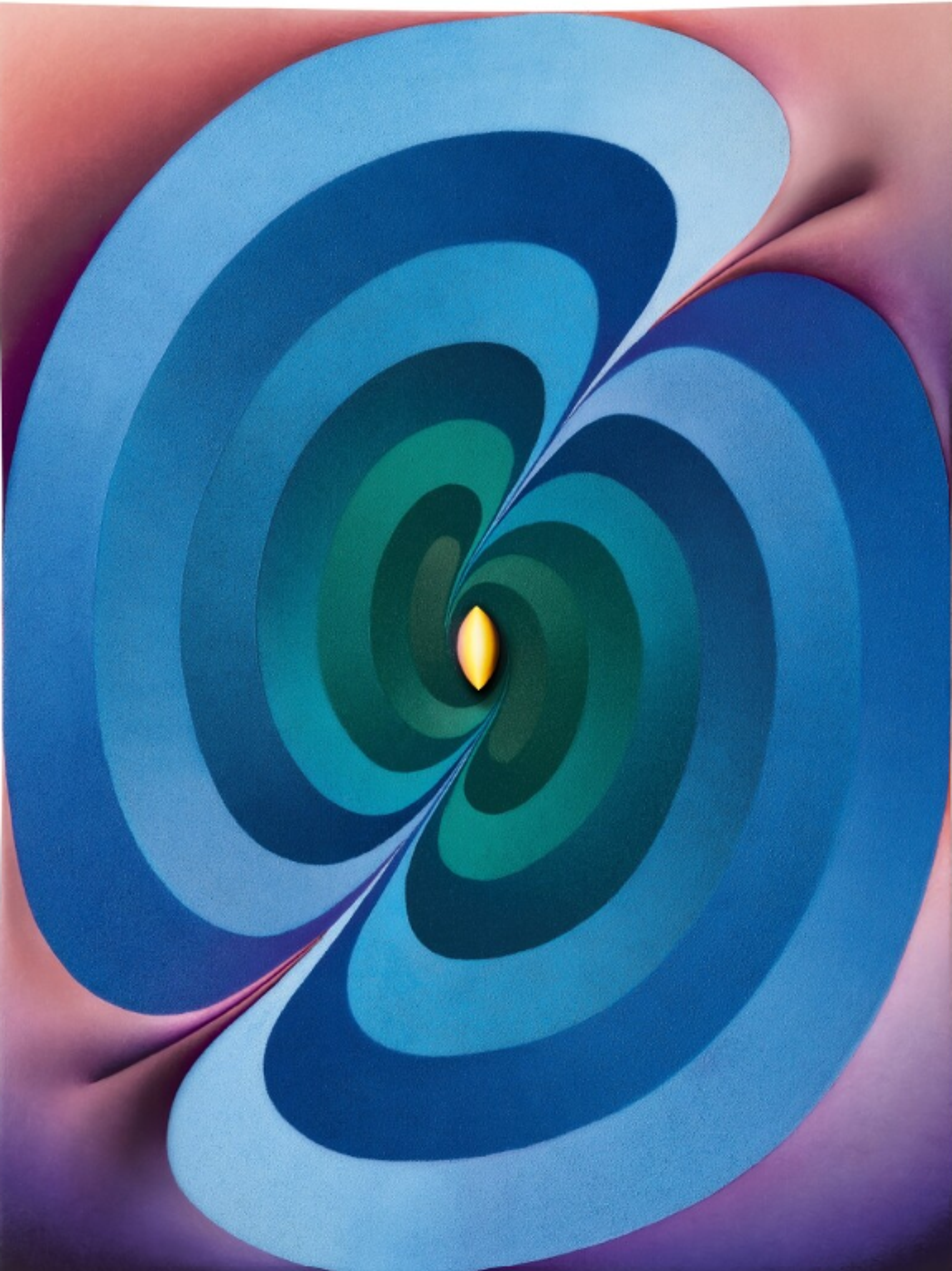 Abstract painting with swirling, layered circular forms revolving around a central gold shape. The pink and purple background seems to fold as the circles are swirled.