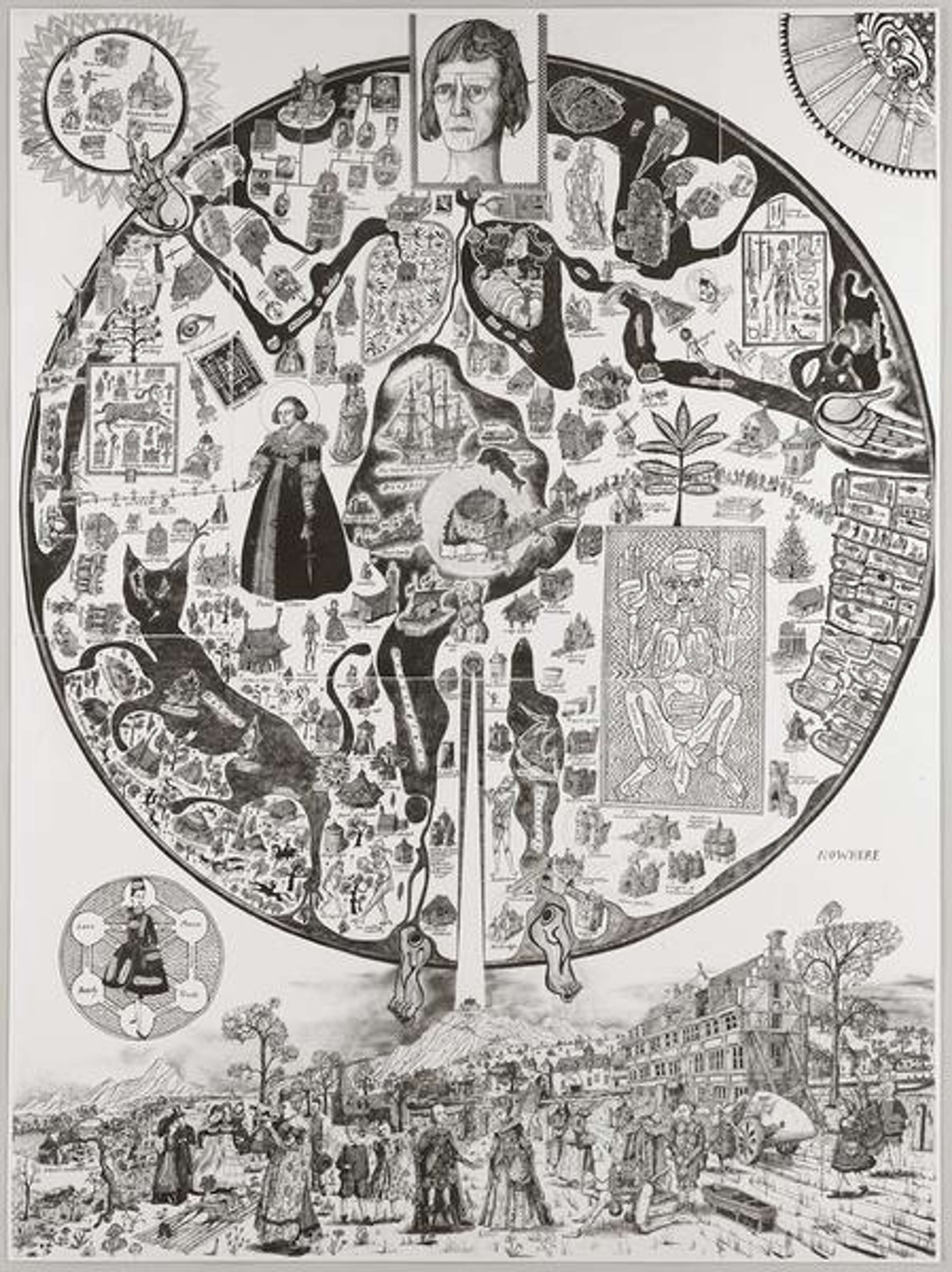 Une gravure verticale de Grayson Perry représentant une carte riche et complexe, inspirée des cartographies traditionnelles