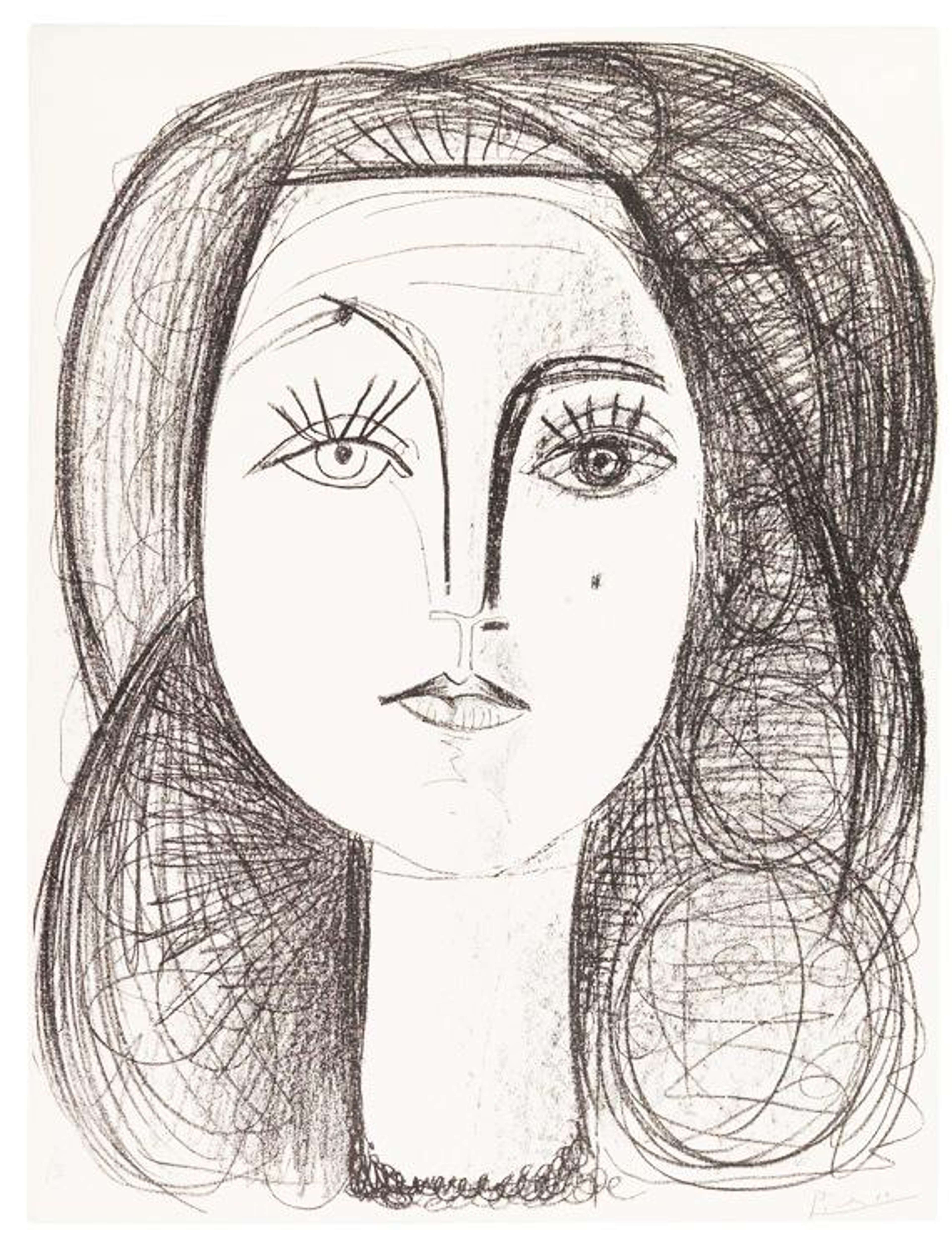 Portrait stylisé de Françoise Gilot par Pablo Picasso. Elle est représentée regardant le spectateur, esquissée dans un style graphique.