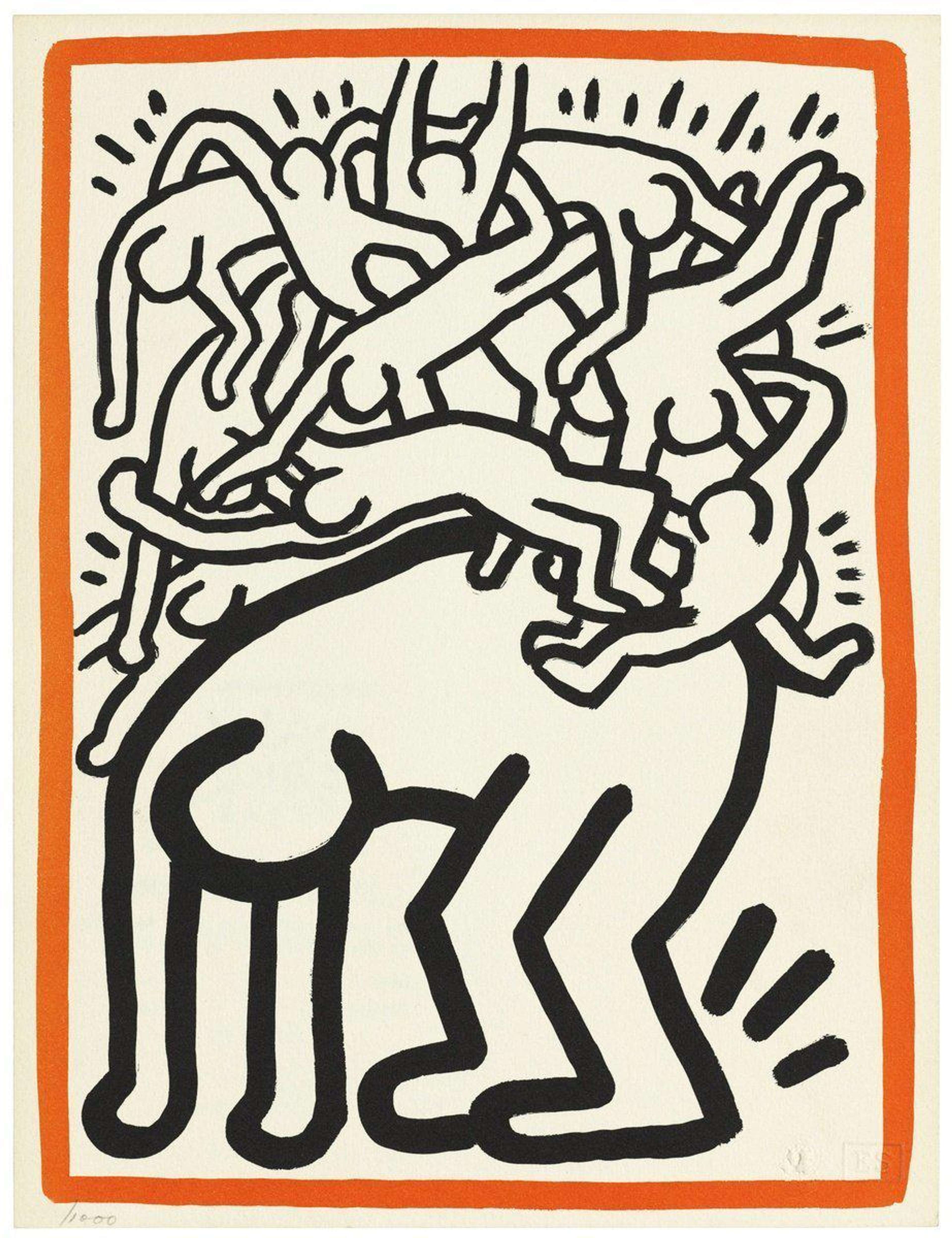 A graphic Haring composition with thick black lines and energetic figures orbiting a globe, echoing his subway-drawing aesthetic.