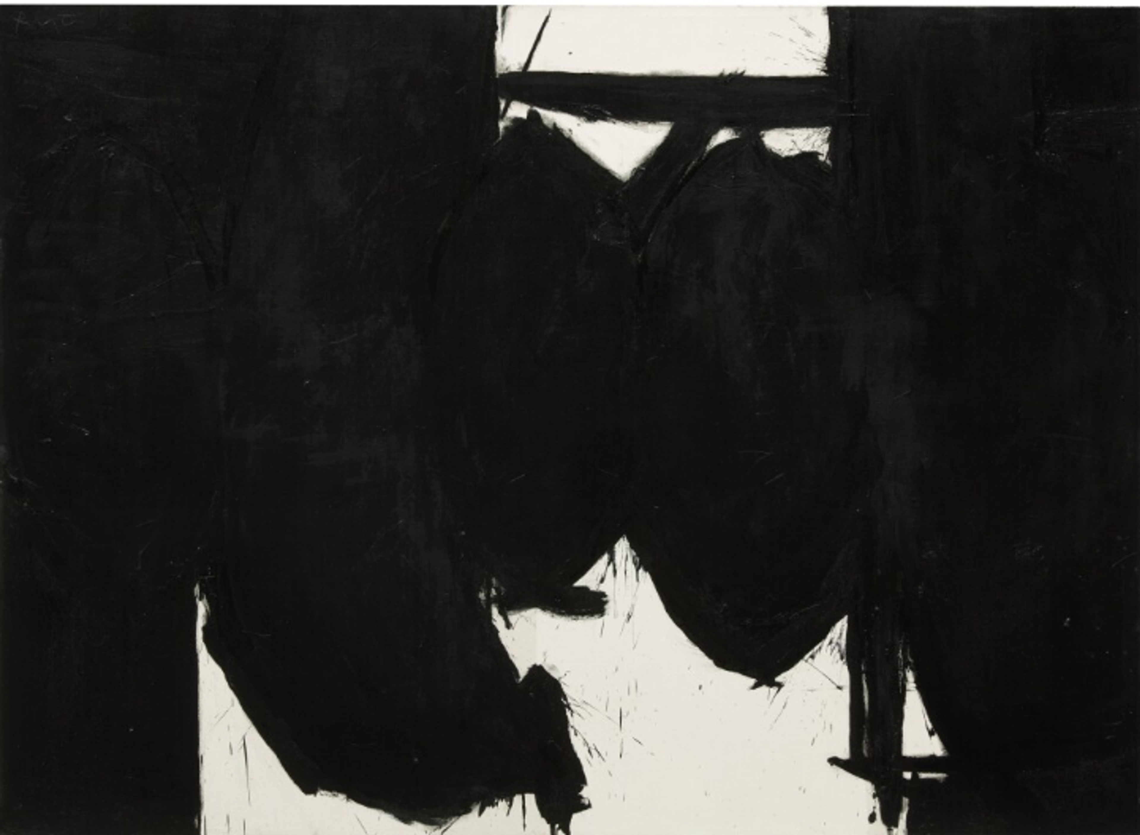 High-contrast black and white composition with dramatic sweeping forms, sharp edges, thick vertical strokes and thin horizontal strokes, creating a dynamic abstract landscape.
