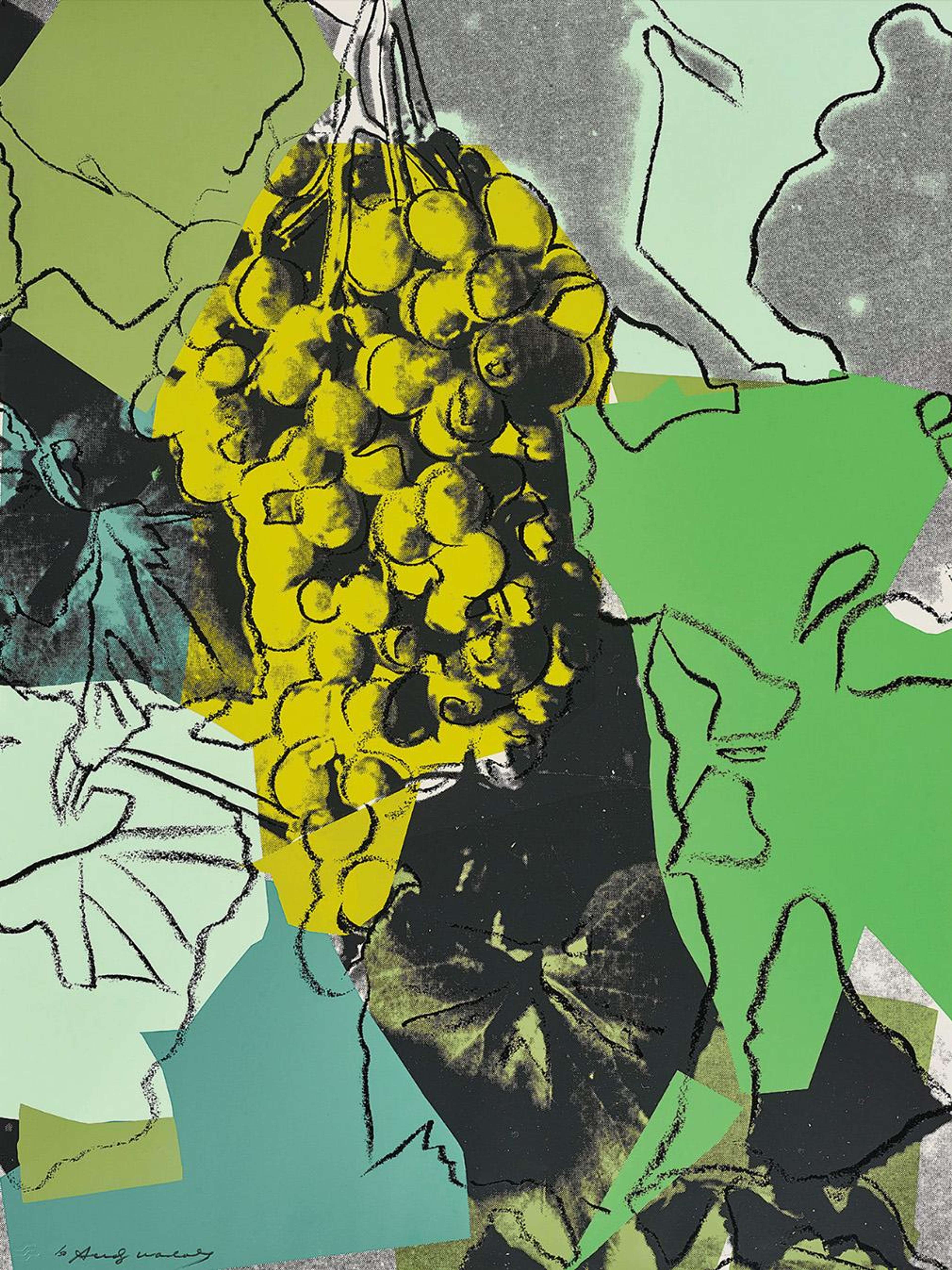 A silkscreen of clustered grapes in saturated purple and red, layered with contrasting blocks of green, turquoise and yellow.