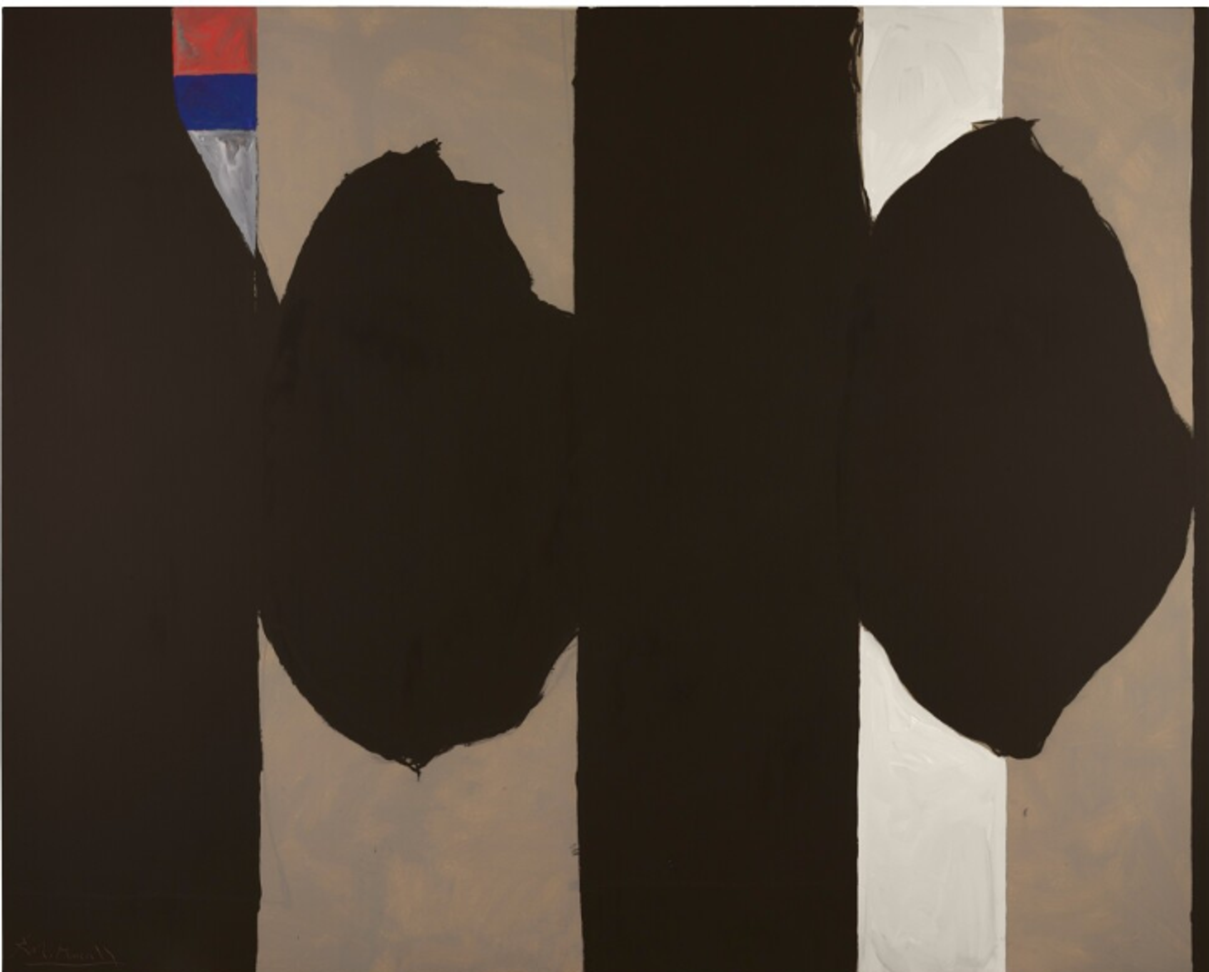Large black geometric forms arranged vertically against a beige background, with two small red and blue squares in the upper left corner.