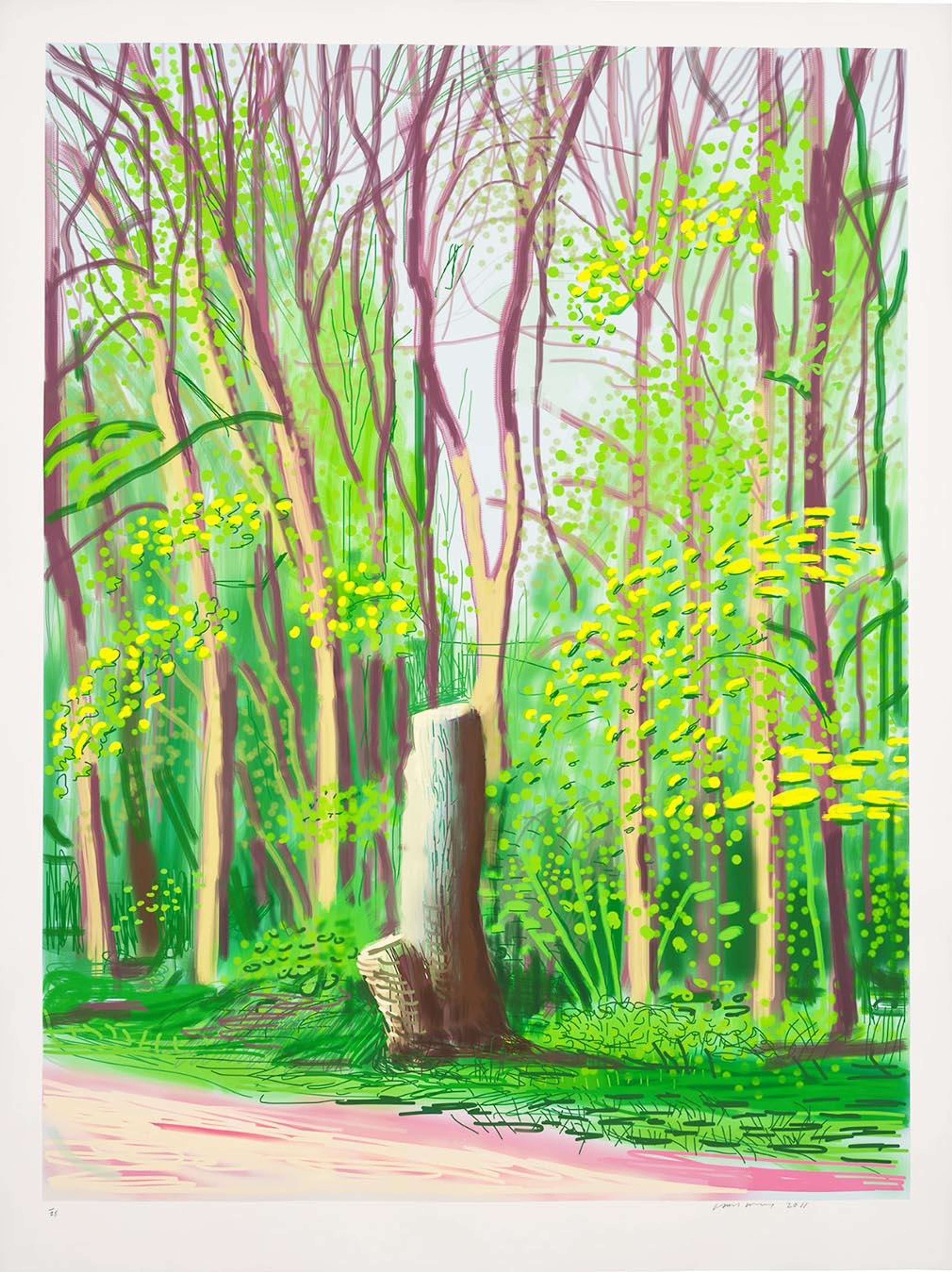 Digital print by David Hockney, titled “The Arrival Of Spring In Woldgate, East Yorkshire In 2011 - 19 April”, depicting tall trees with fresh green leaves flanking a central tree stump on a pink and green woodland path.
