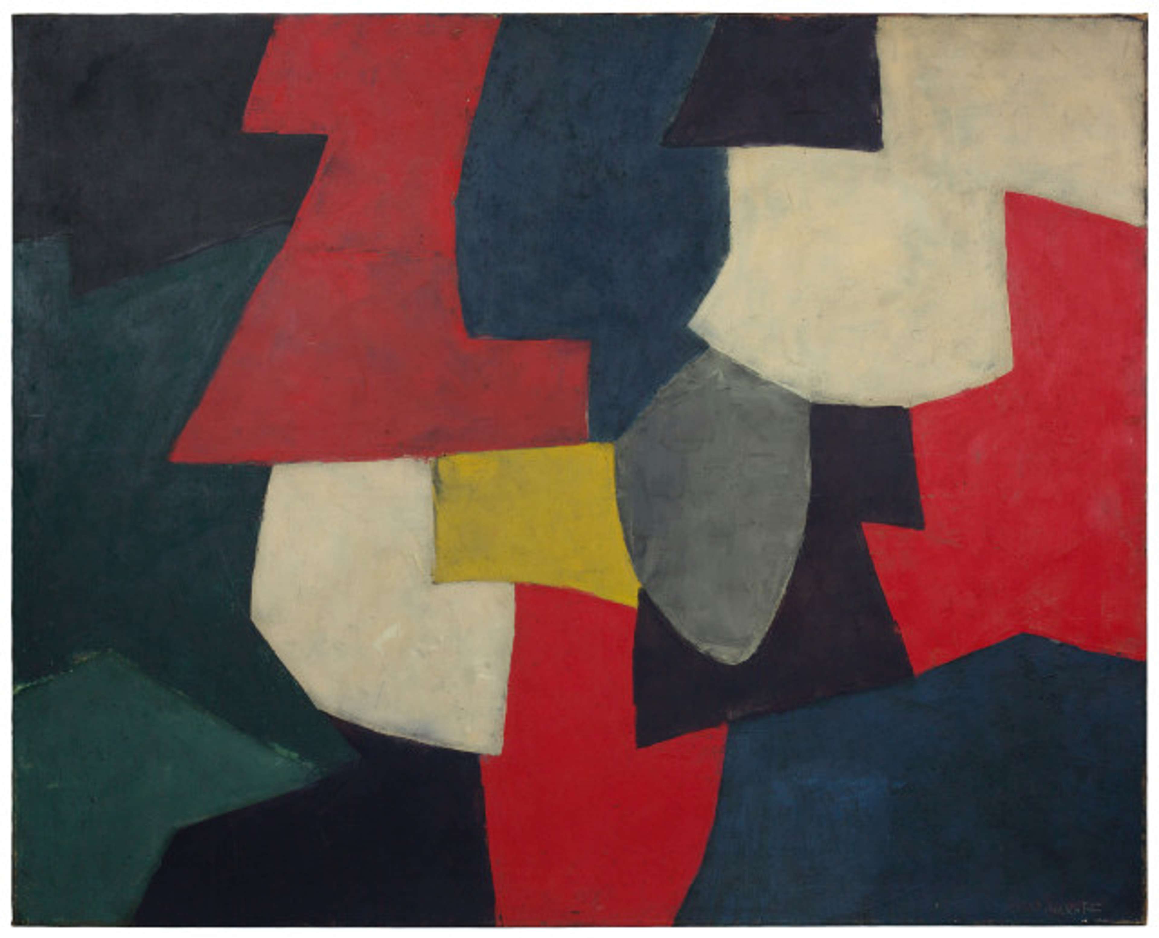 A large oil and sand featuring balanced interlocking geometric forms in dark blue, red, black, and white, with two central grey and yellow shapes. The textured surface creates a velvety appearance thanks to Poliakoff's layered translucent pigments.