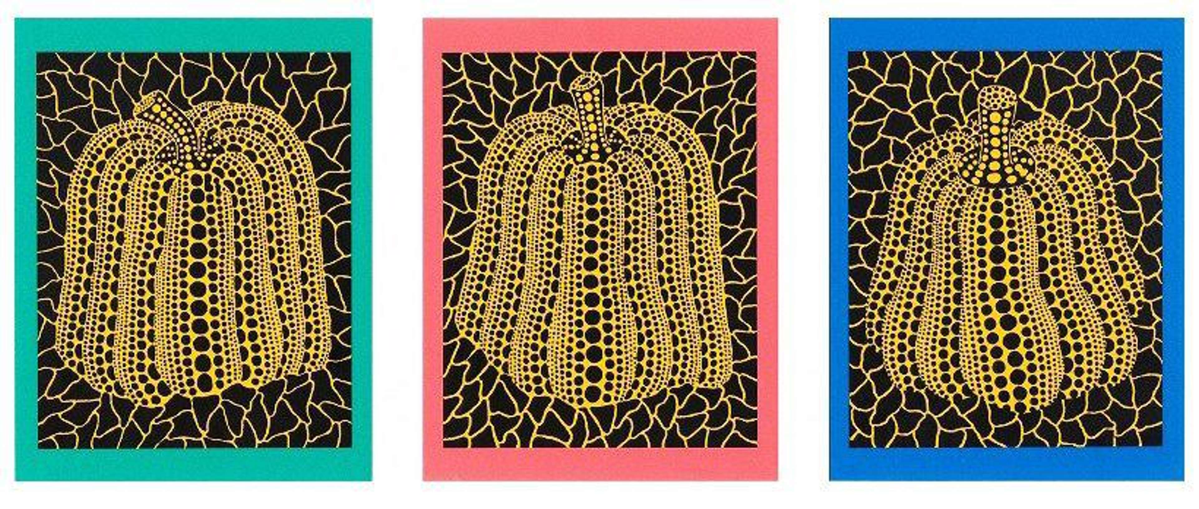 Une image d'une estampe de Yayoi Kusama, représentant son motif signature de la citrouille ornée de pois.