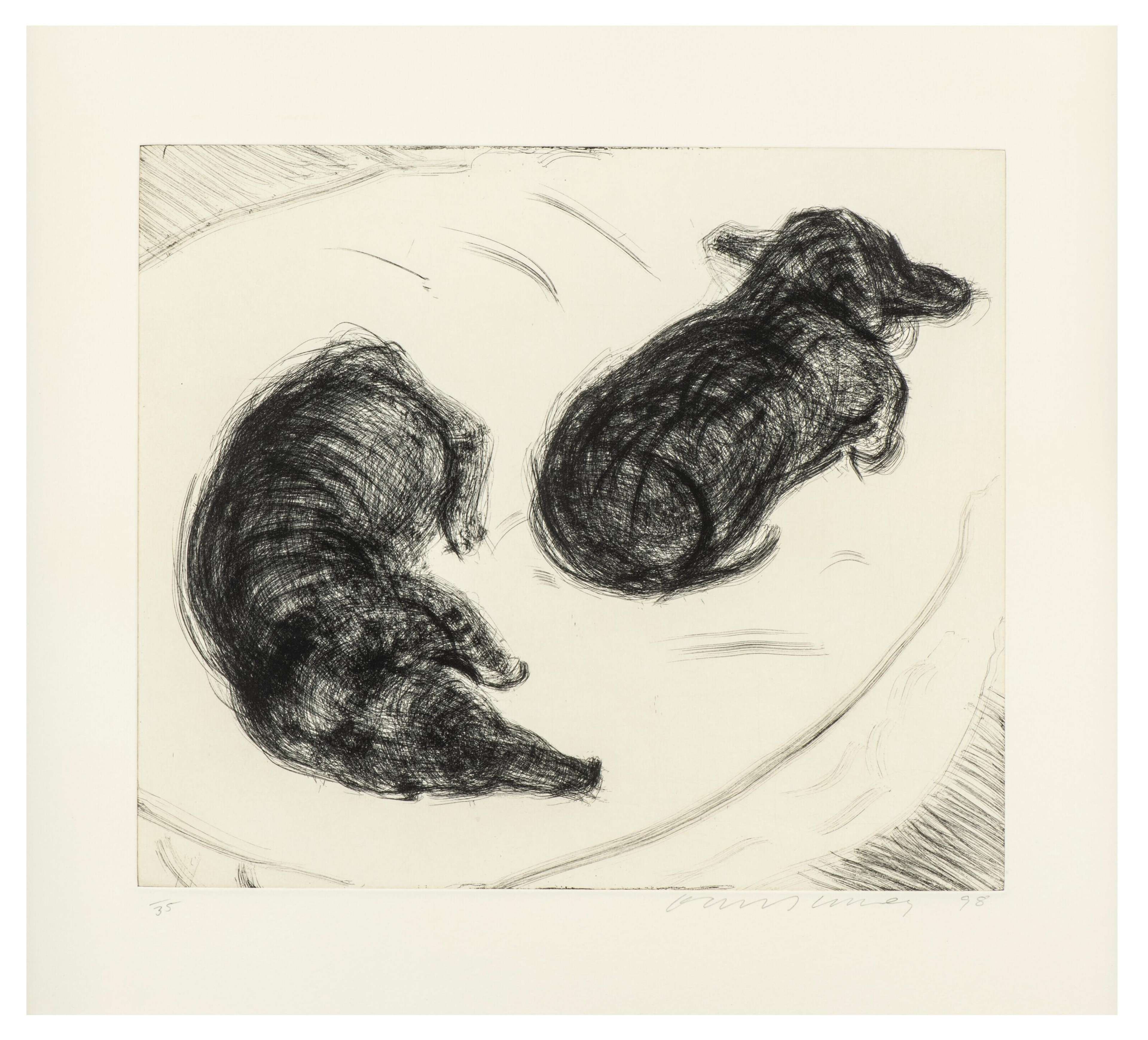 A black-and-white etching of two dachshunds resting together, their forms closely intertwined in quiet repose.