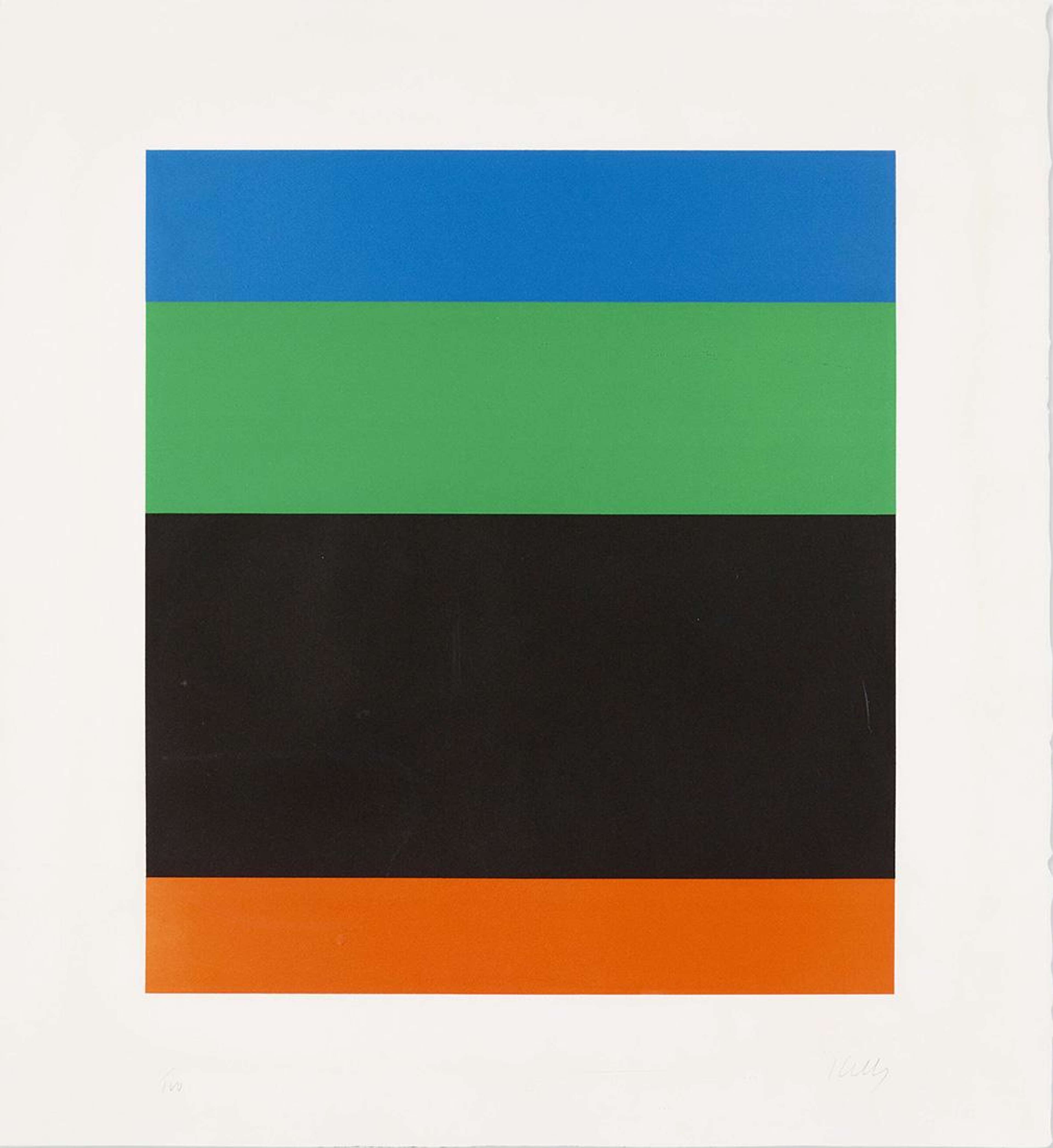 Une estampe représentant un court rectangle vertical composé de quatre bandes d'épaisseurs inégales. La bande supérieure est bleue, suivie du vert, puis du noir, et enfin du rouge. Le noir est le plus épais, représentant le double de la largeur du vert et le triple de celle du rouge. La bande bleue est plus fine que la verte, mais plus épaisse que la rouge.
