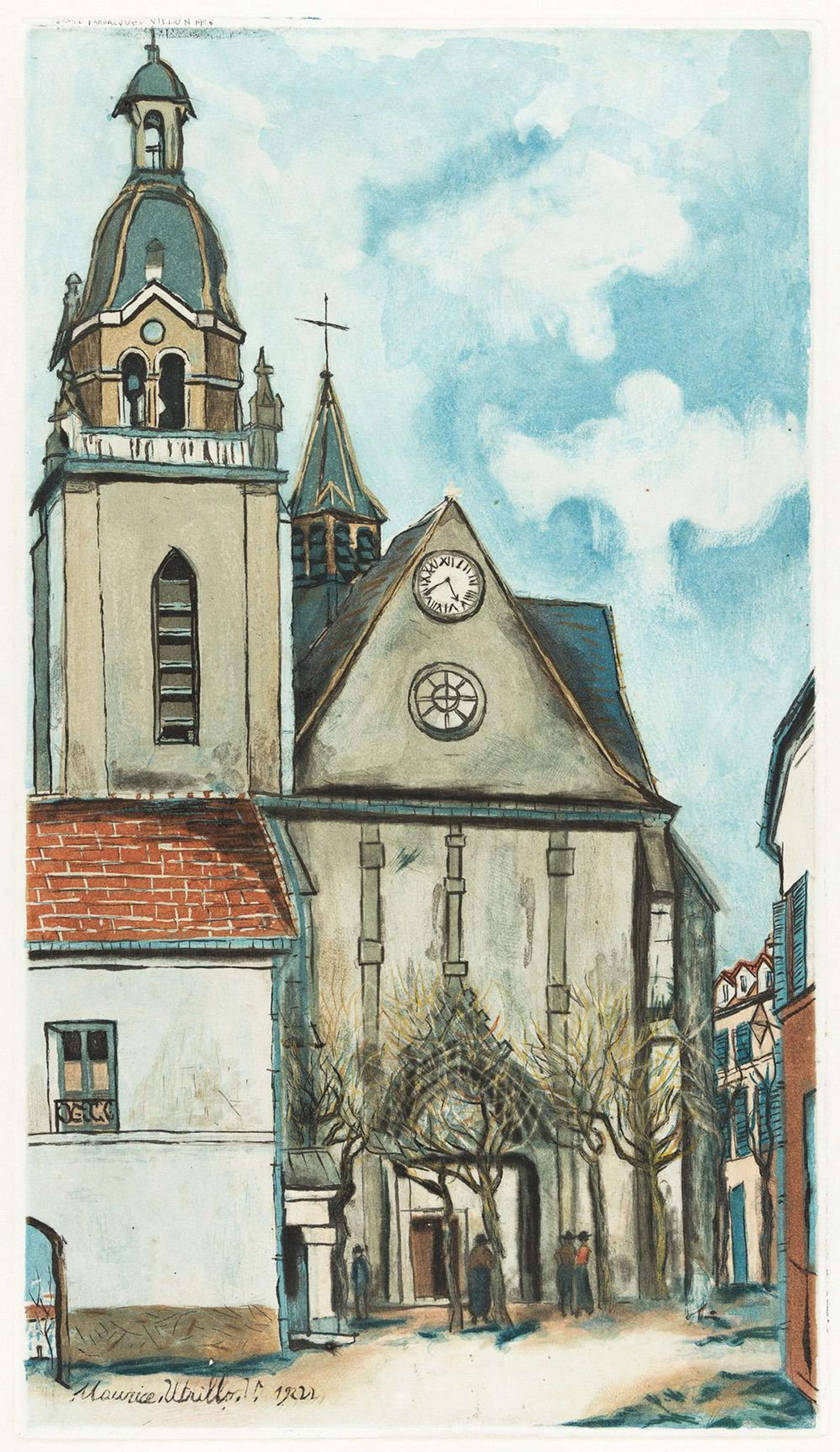 Une estampe à l'aquatinte représentant l'église Saint-Pierre-Saint-Paul à Limours. La scène arbore une palette naturaliste, avec des tons terreux et des proportions précises. L'église, avec son clocher pointu et ses fenêtres en ogive, est cernée de contours noirs assurés. Le décor environnant comprend de bas murs de pierre, des arbres et un ciel partiellement nuageux.