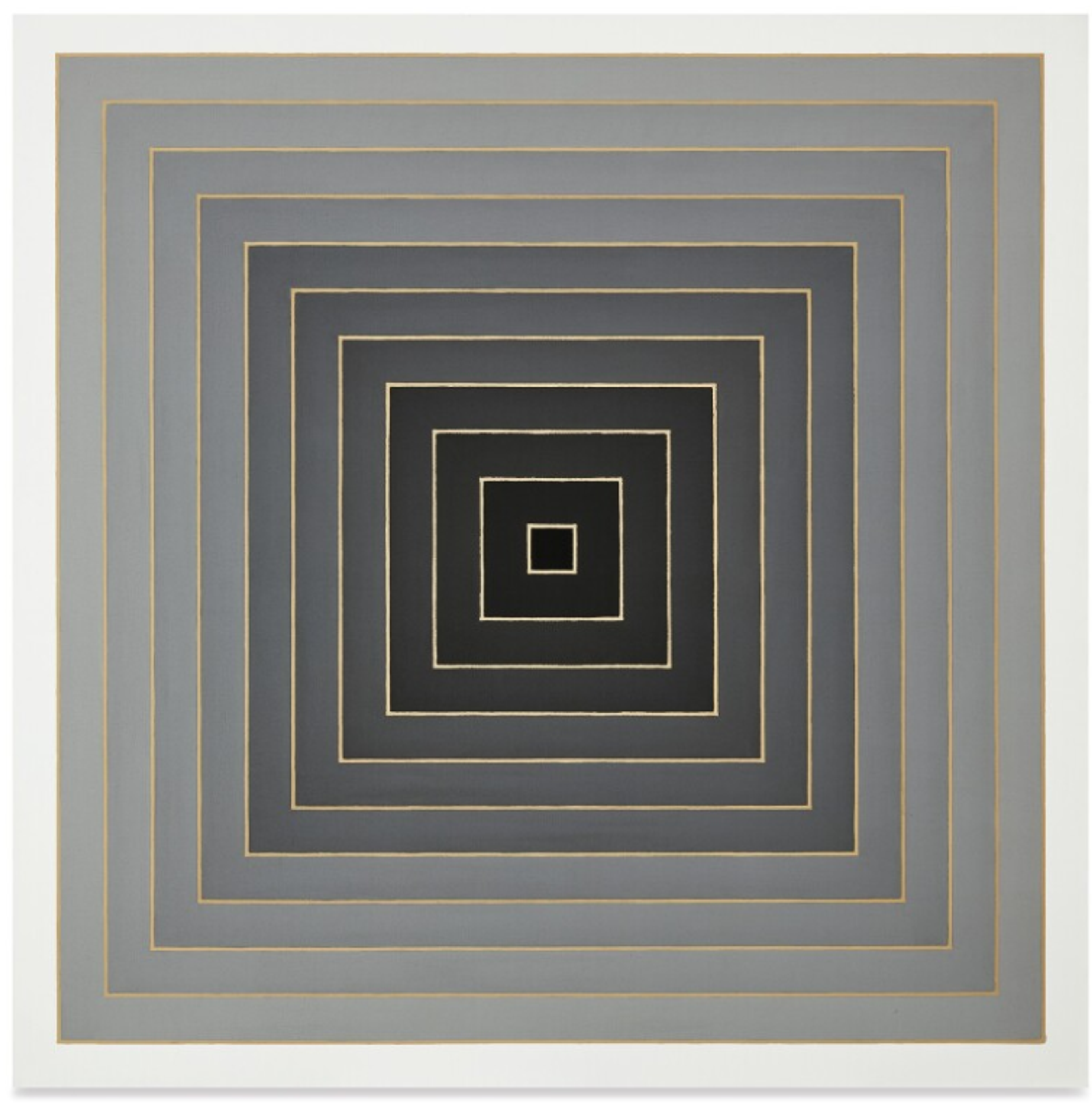 A greyscale square painting with concentric lines radiating inward to a central square. The tonal gradation creates a subtle illusion of depth, getting darker towards the centre, with fine light lines between each tone.