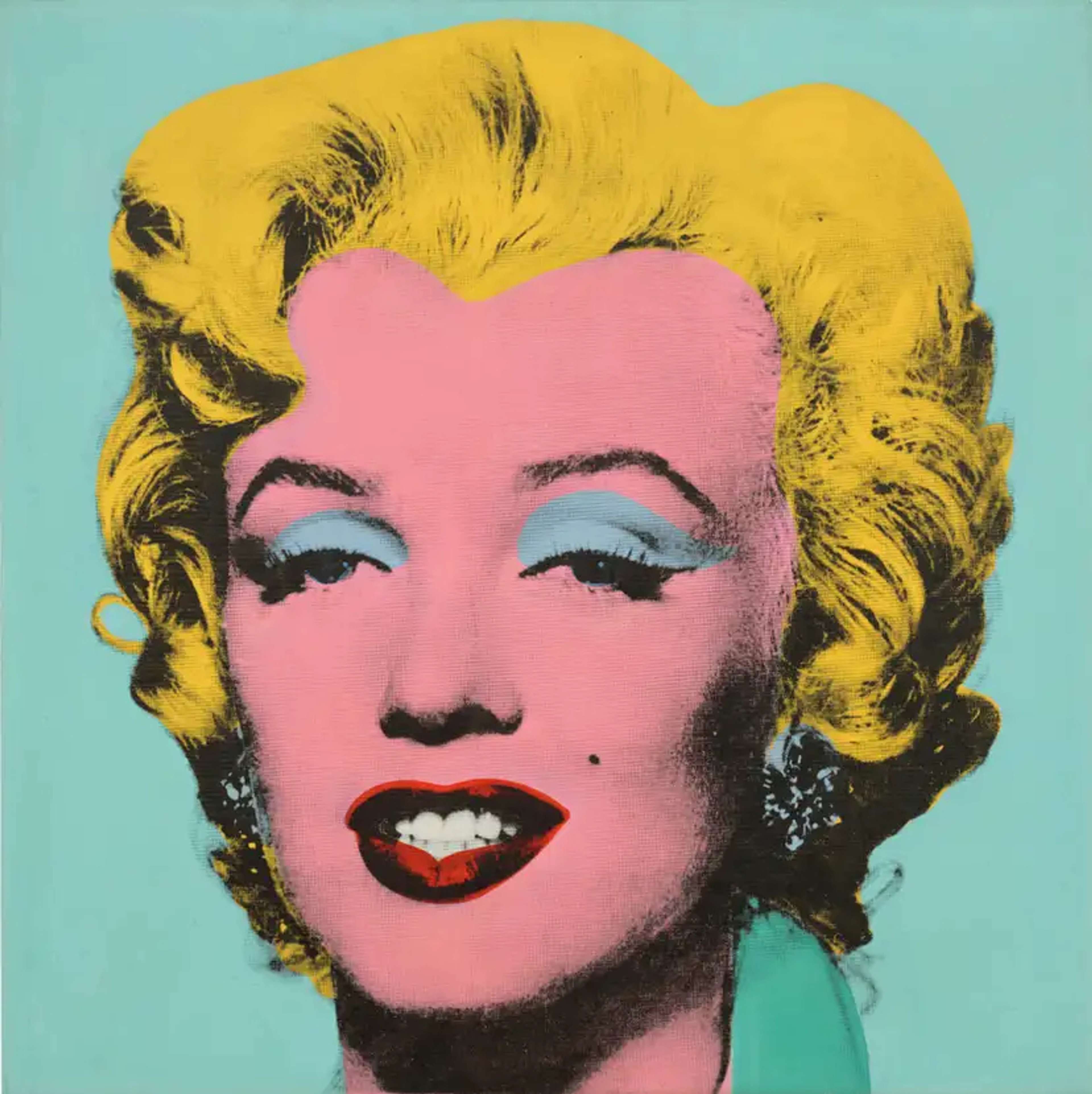 Estampe aux couleurs vives de Marilyn Monroe. Elle est représentée avec des joues roses, sur un fond turquoise. Ses cheveux sont d'un jaune éclatant, rehaussés par son fard à paupières bleu et ses lèvres rouges.
