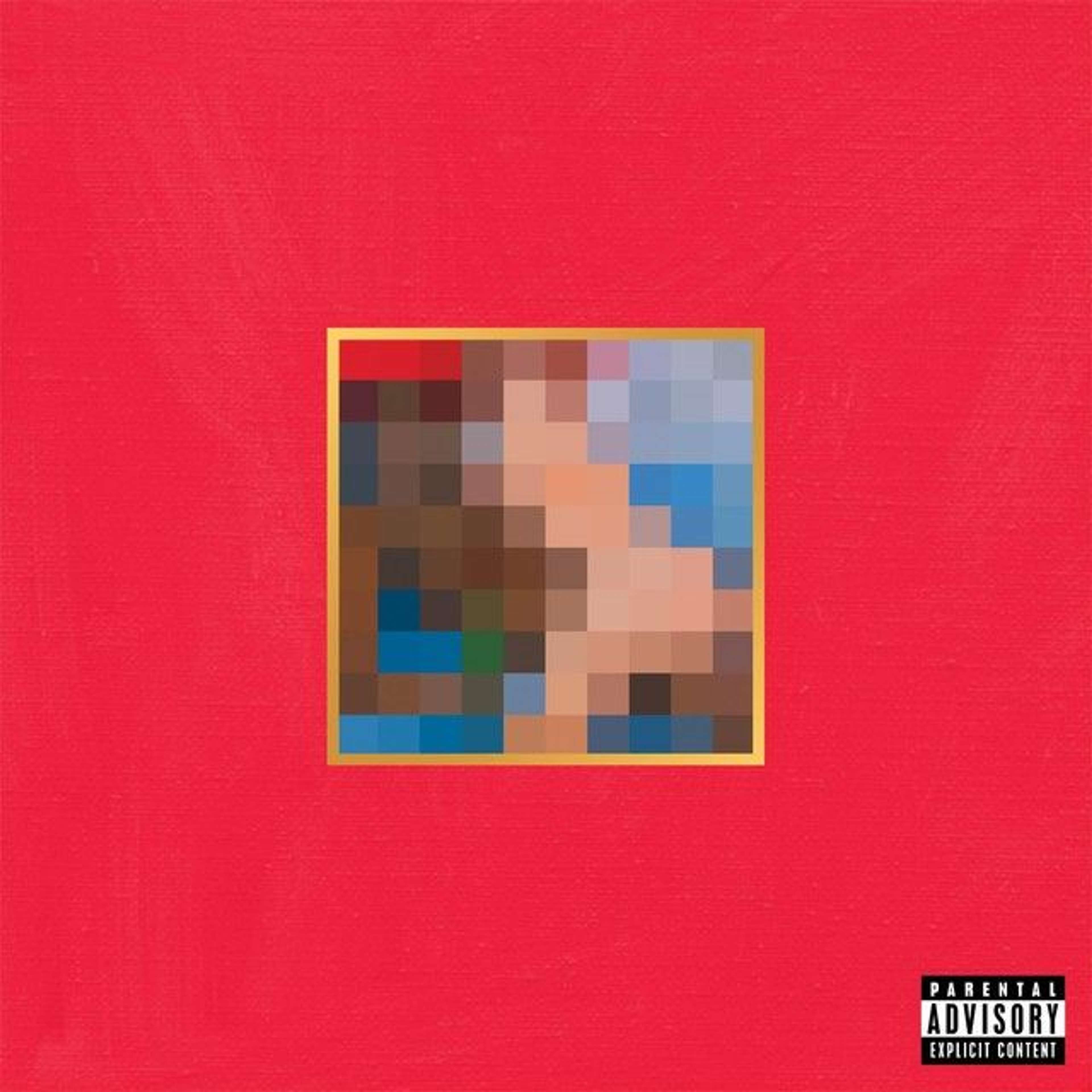Une image de la pochette de l'album "My Beautiful Dark Twisted Fantasy" de George Condo, montrant un carré pixellisé qui représentait à l'origine Kanye West à califourchon sur une femme sur fond rouge.