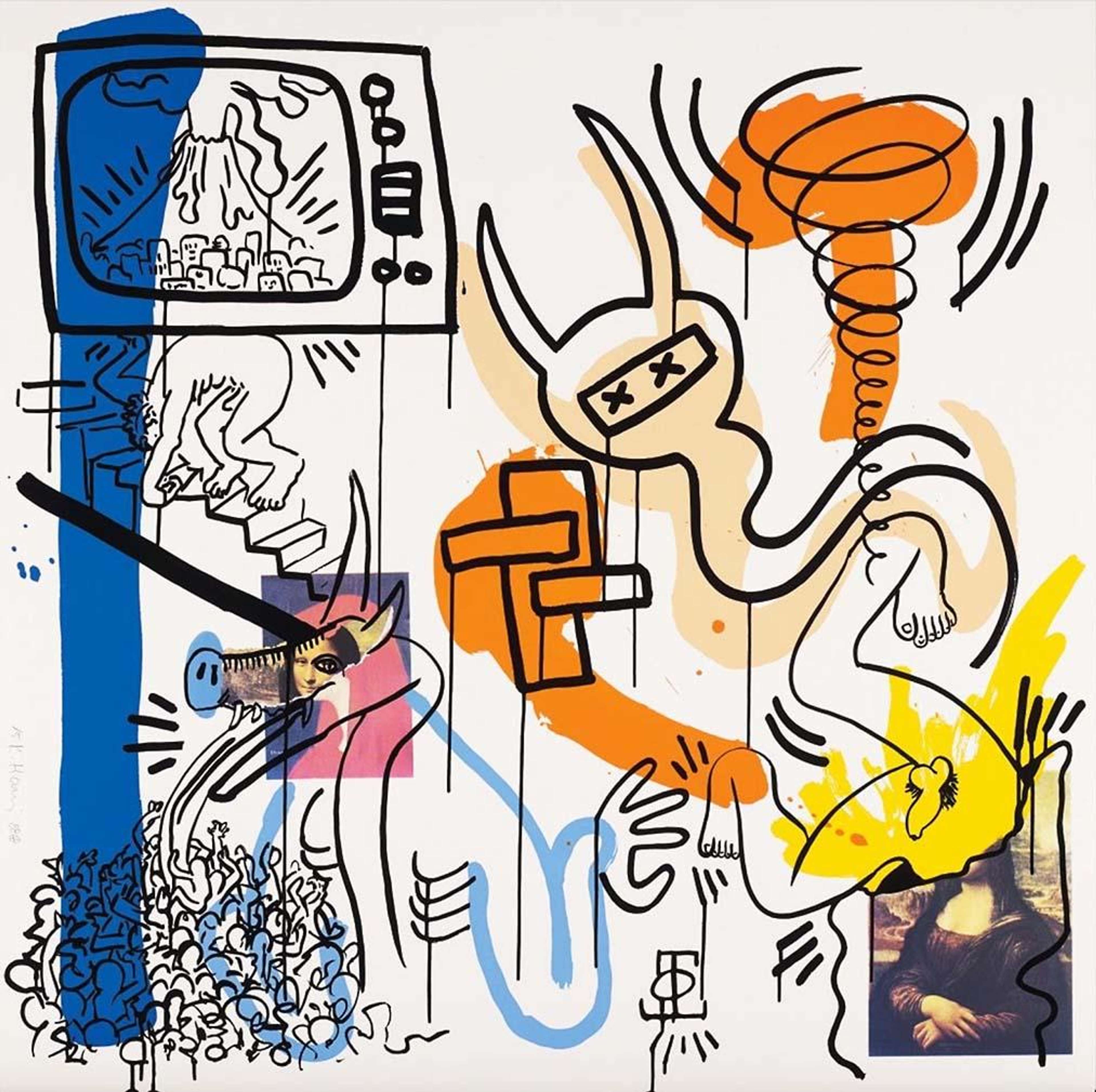 Apocalypse 7 de Keith Haring. Une sérigraphie collage Pop Art présentant une photographie de la Joconde entourée de personnages animés.