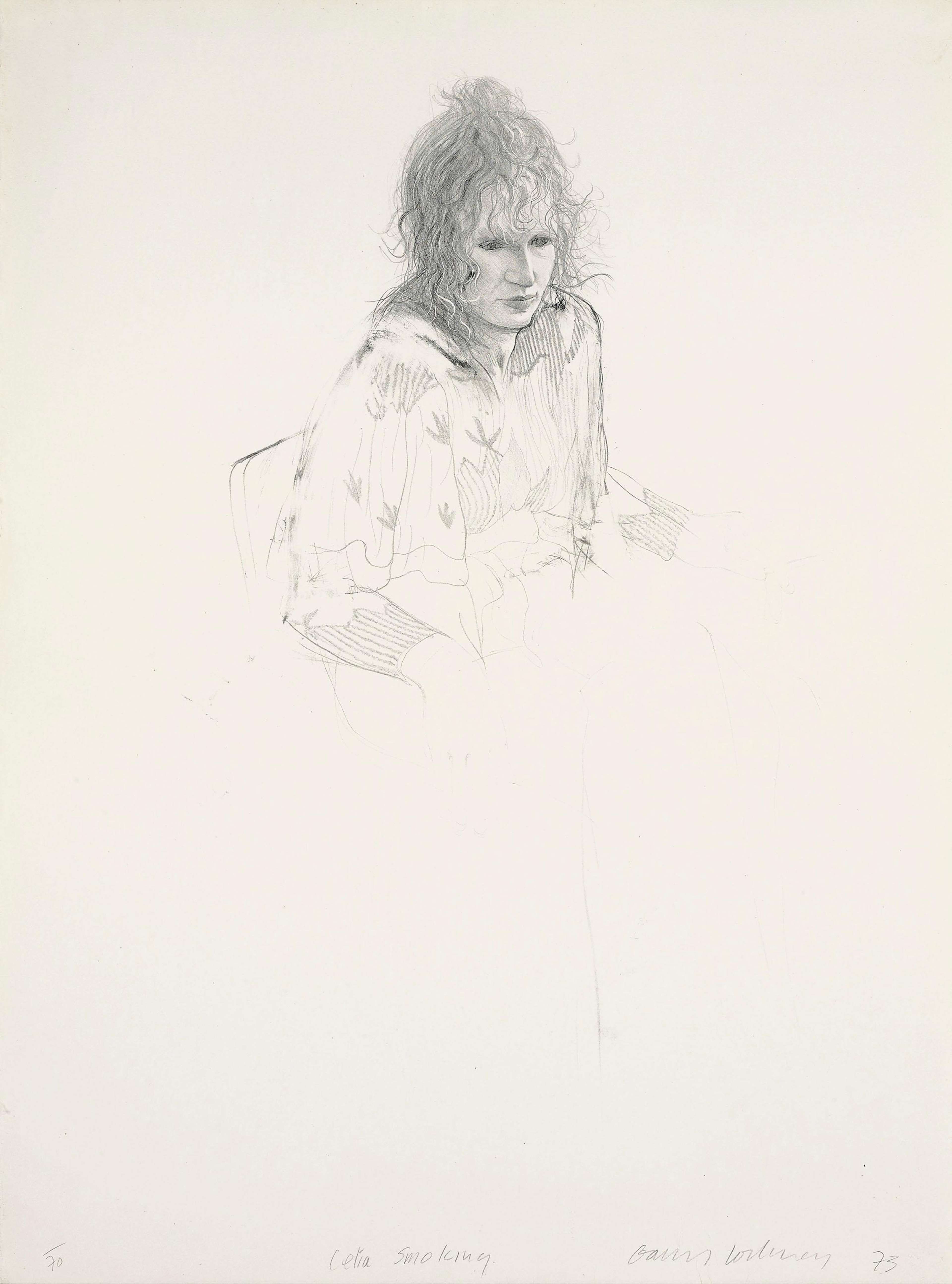 A delicate lithograph of Celia Birtwell in profile, quietly smoking, rendered with soft tonal lines that convey introspection.