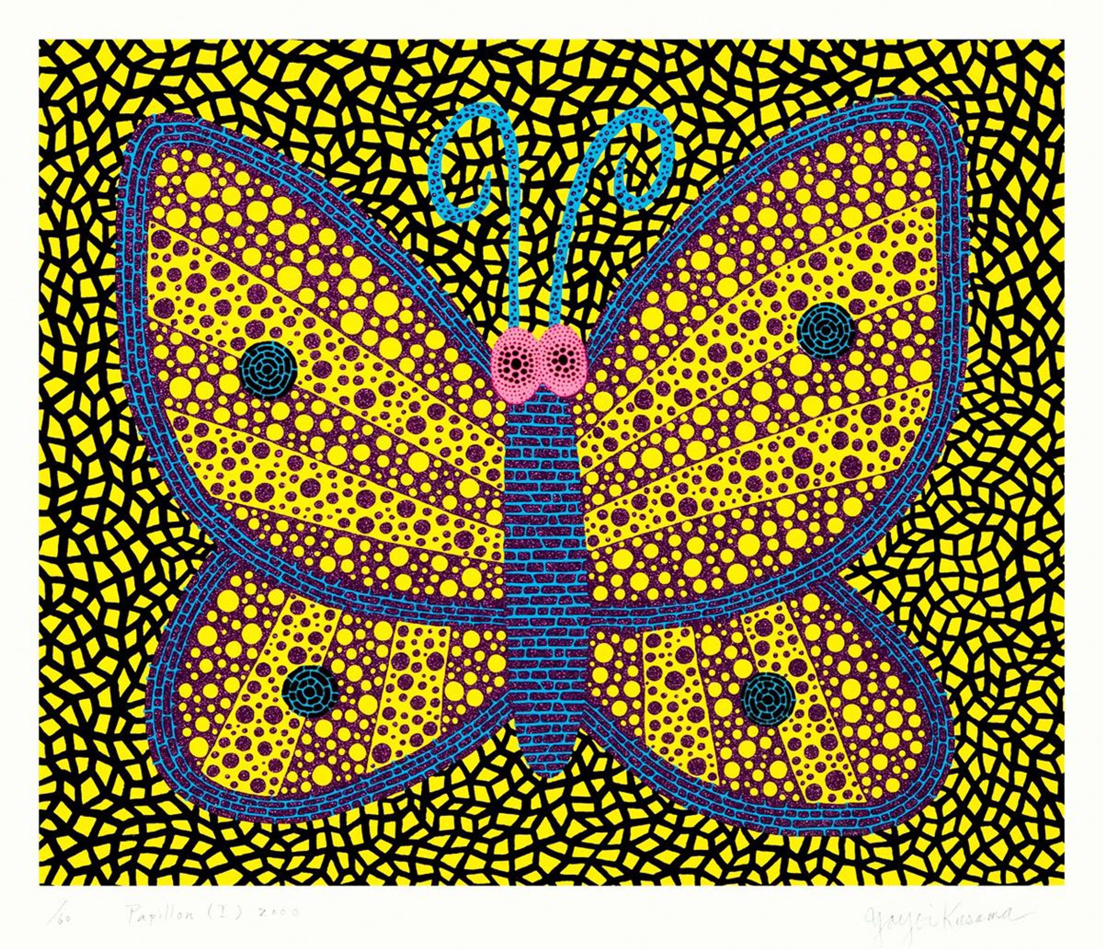 Une sérigraphie représentant un papillon sur un fond à motifs jaunes, dont les ailes et le corps sont délimités par un contour bleu.