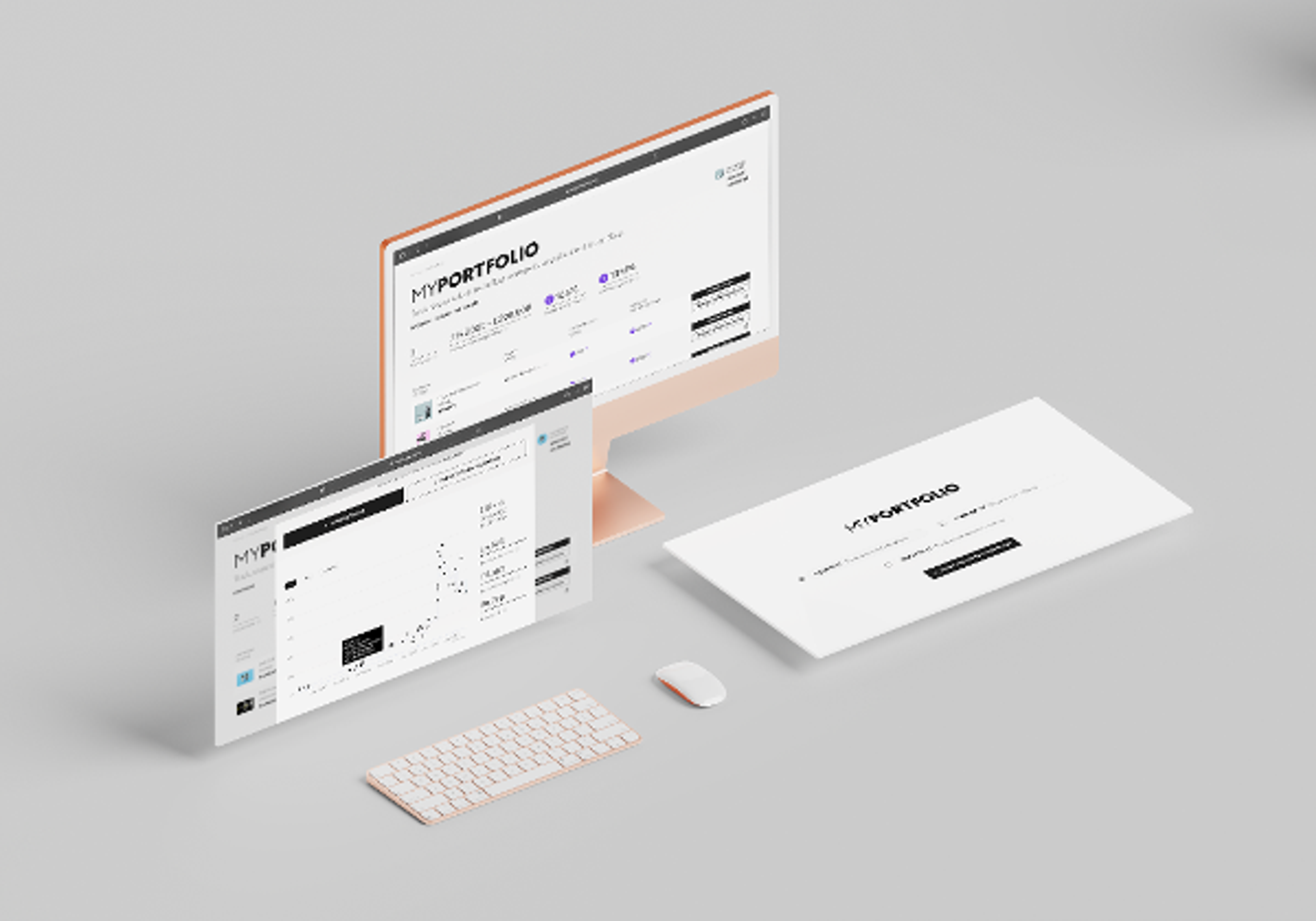 Graphique montrant, sur des écrans d'ordinateur, le fonctionnement de MyPortfolio de MyArtBroker.