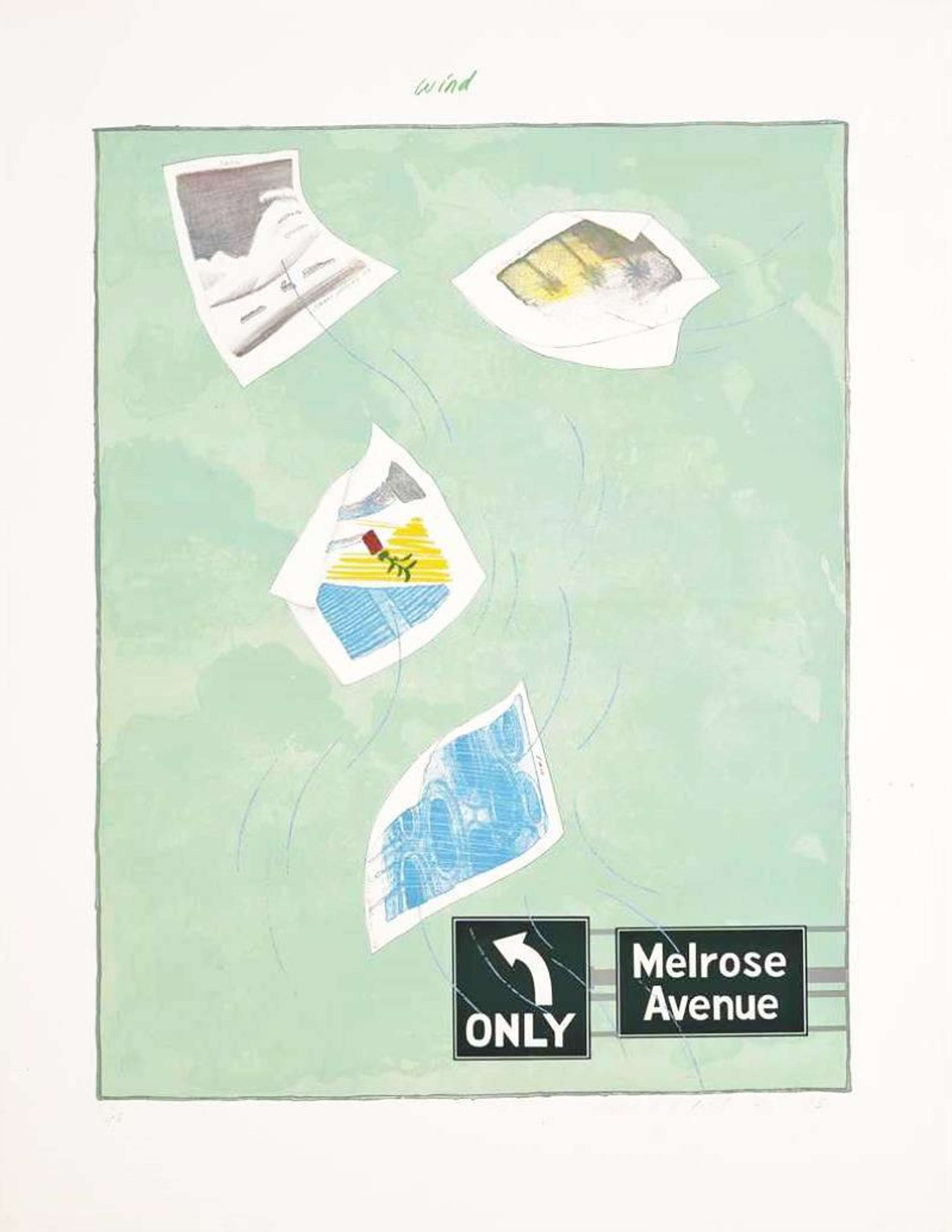 Des feuilles de papier s'envolent sous l'effet d'une rafale de vent, se révélant être des reproductions des autres estampes de la série, telles que « Sun », « Snow », « Mist » et « Rain ». L'ensemble fait partie de la collection In The Wind.