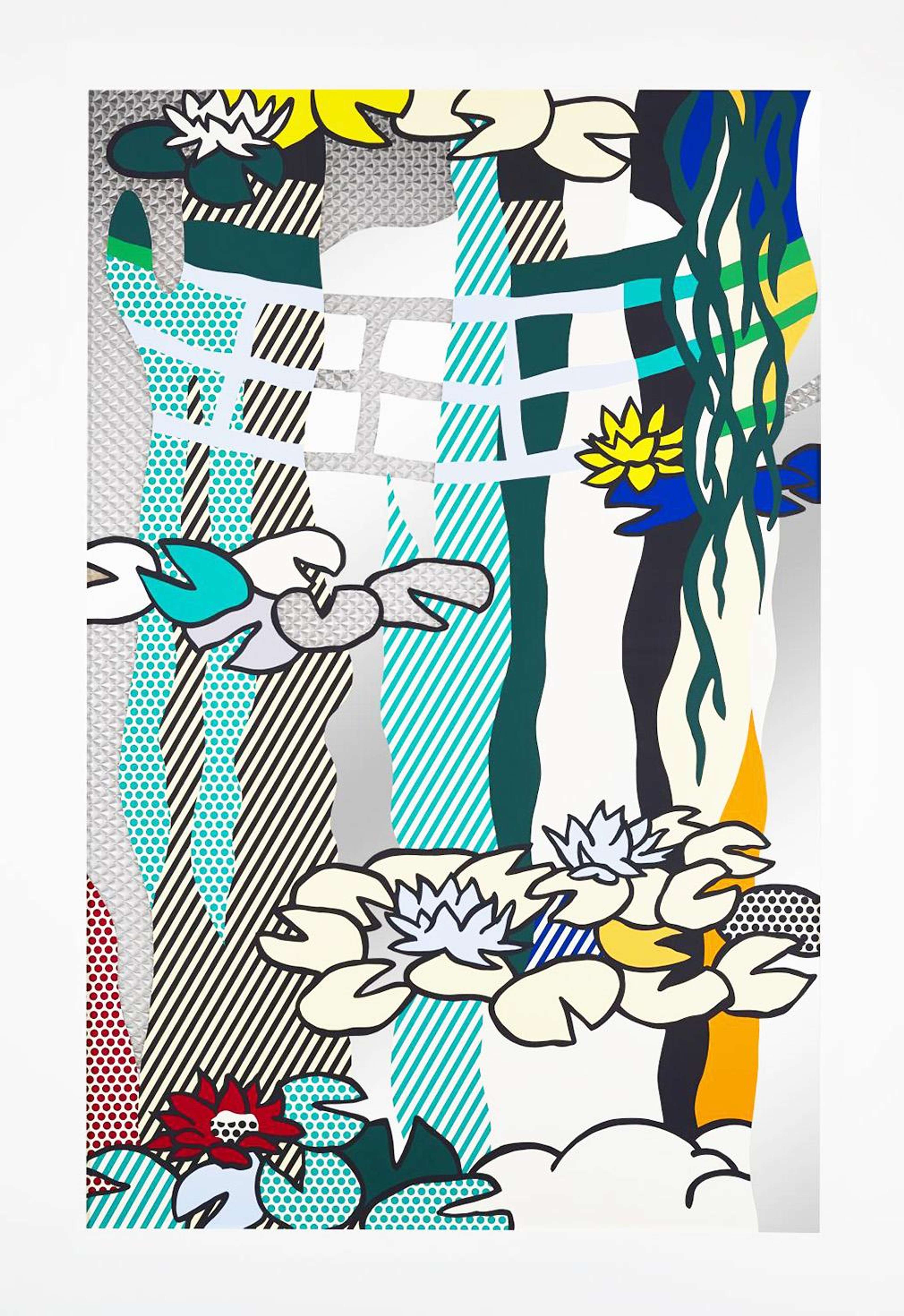 Une image de l'œuvre « Water Lily Pond With Reflections » de Roy Lichtenstein, montrant un paysage fluvial avec des nymphéas flottants rappelant des dessins animés.