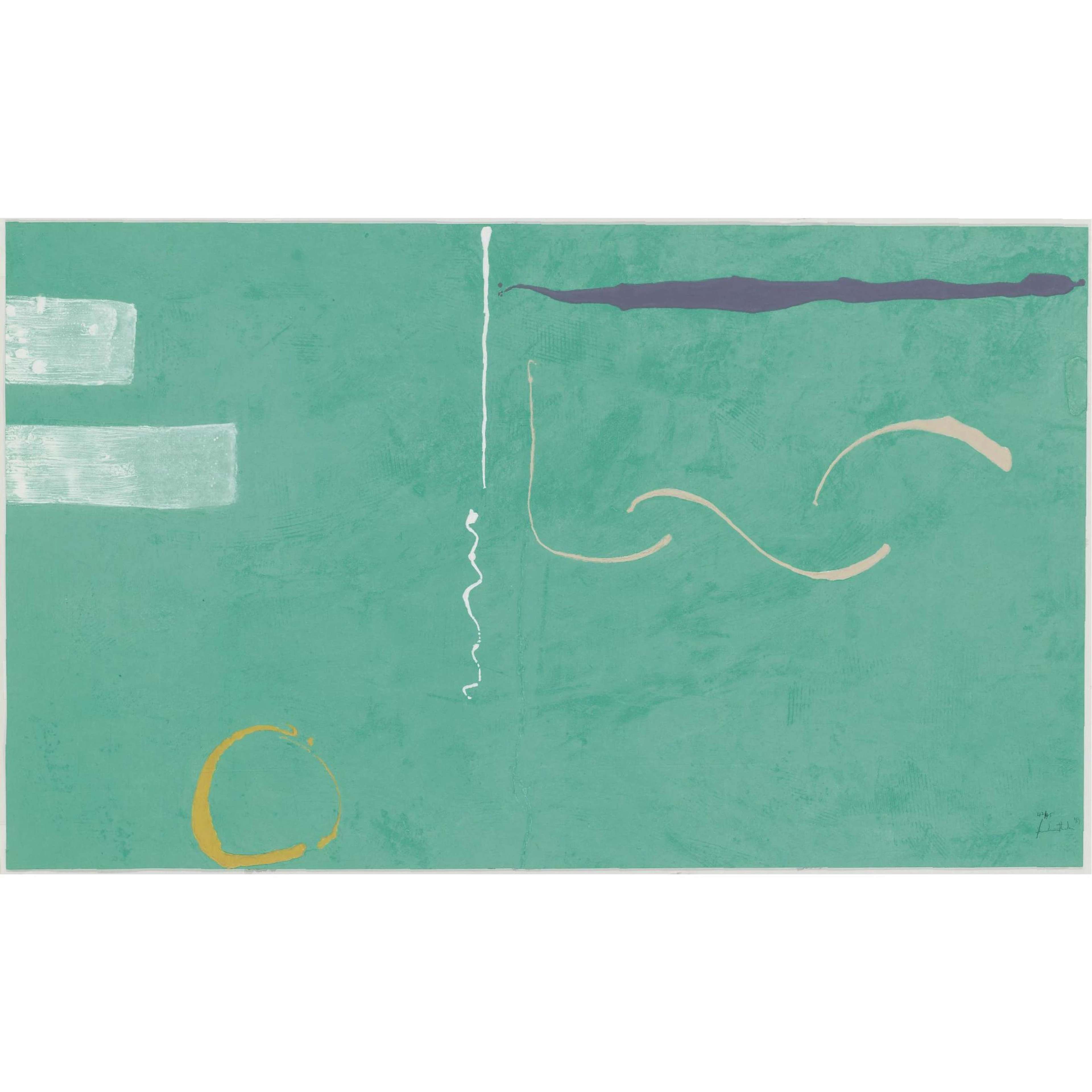 « Tahiti » de Helen Frankenthaler. Une estampe en relief expressionniste abstraite représentant un paysage verdoyant avec diverses formes et marques.