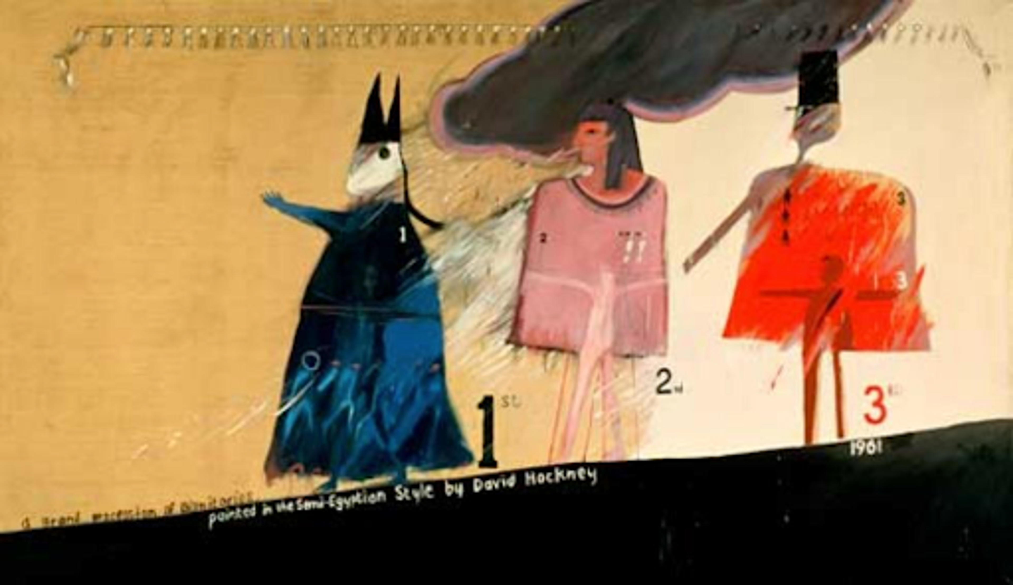 « A Grand Procession of Dignitaries in the Semi-Egyptian Style » de David Hockney. Trois personnages, l'un en bleu, rose et rouge, descendant la pente.