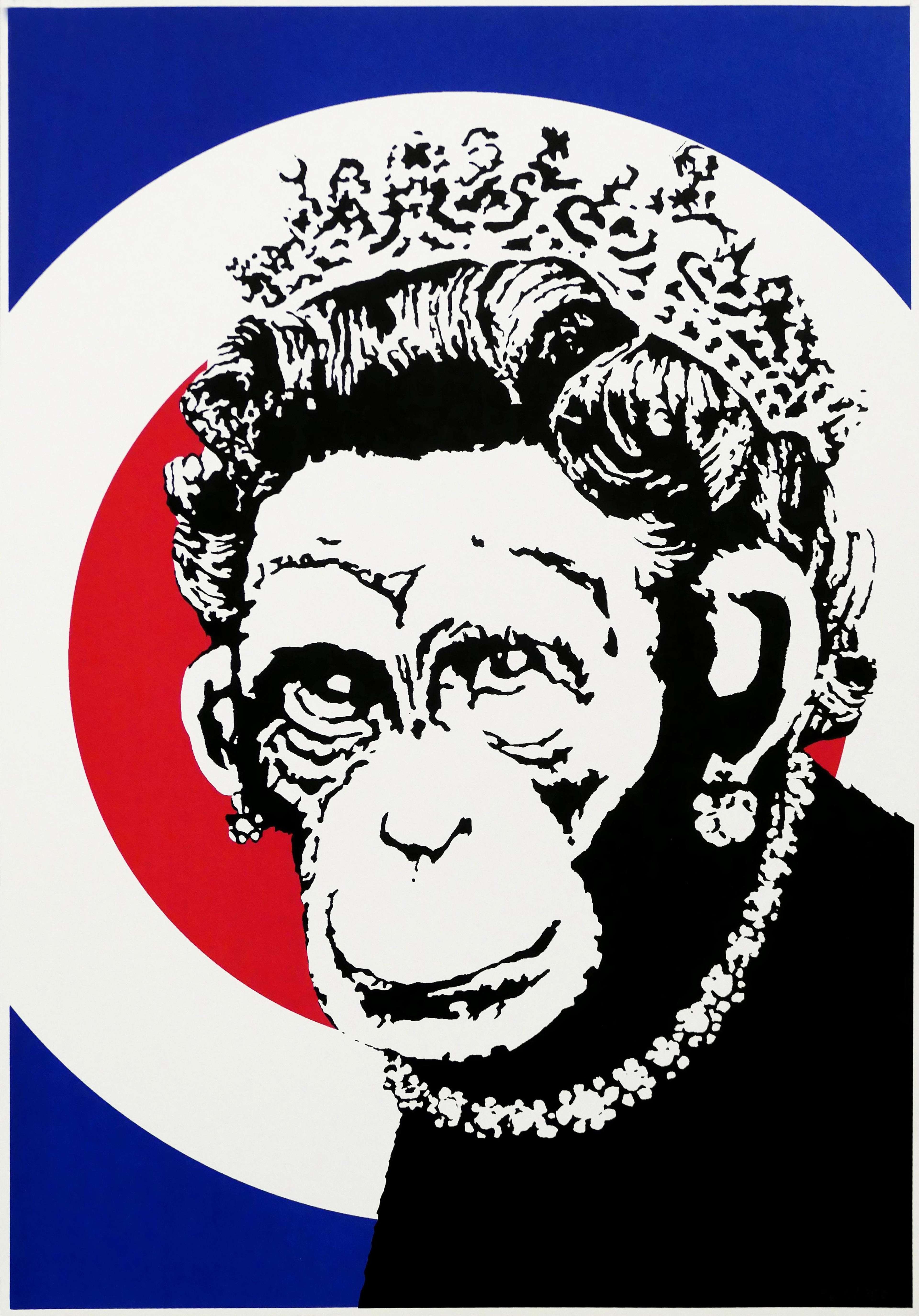 Screen print of a monkey dressed as the Queen of England