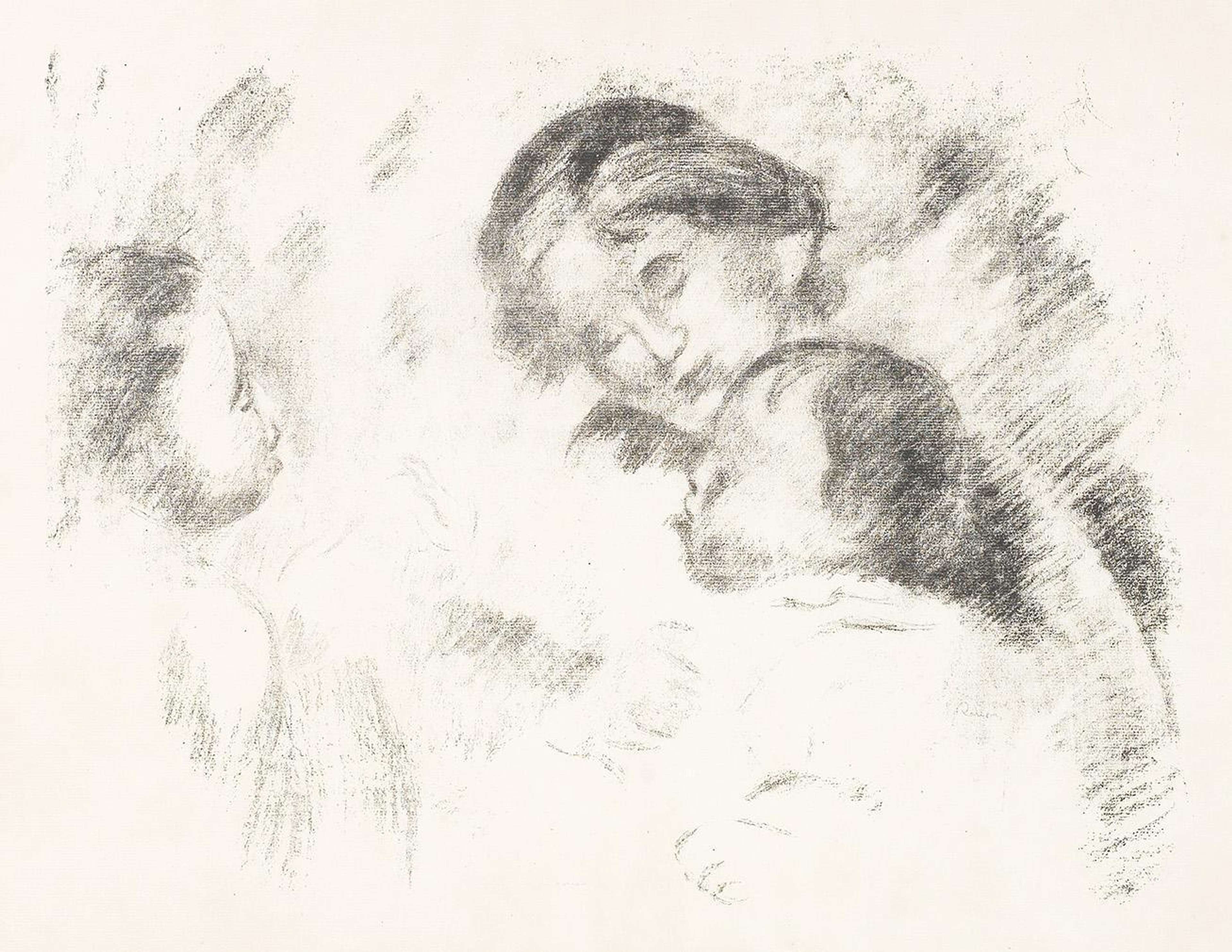 Une image monochrome, esquissée avec douceur, représentant une mère assise avec deux enfants. La mère tient un nourrisson sur ses genoux tandis que l'enfant plus âgé se tient à ses côtés, se penchant vers elle. Les détails sur leurs corps sont minimes, ce qui leur permet de se fondre dans l'arrière-plan.