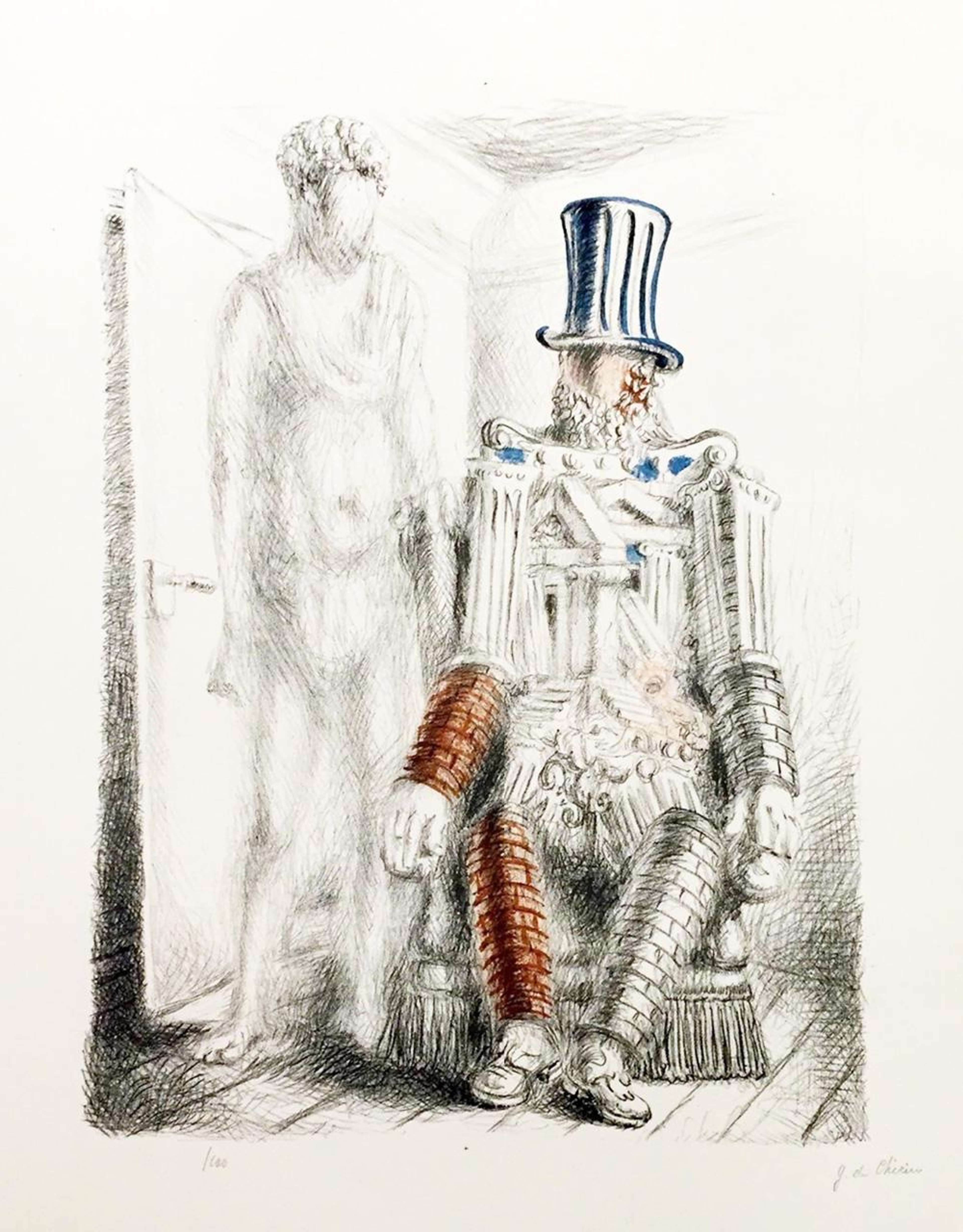 Un personnage, évoquant un homme âgé, est assis dans un fauteuil moelleux. Son corps semble être mécanique, bien que ses membres soient faits de briques. Il n'a pas de visage, mais arbore une longue barbe et un haut-de-forme. À ses côtés se tient une silhouette fantomatique, rappelant une statue classique. Le style du dessin est esquissé, avec des hachures détaillées et seulement quelques touches de couleur dans le corps du vieil homme.