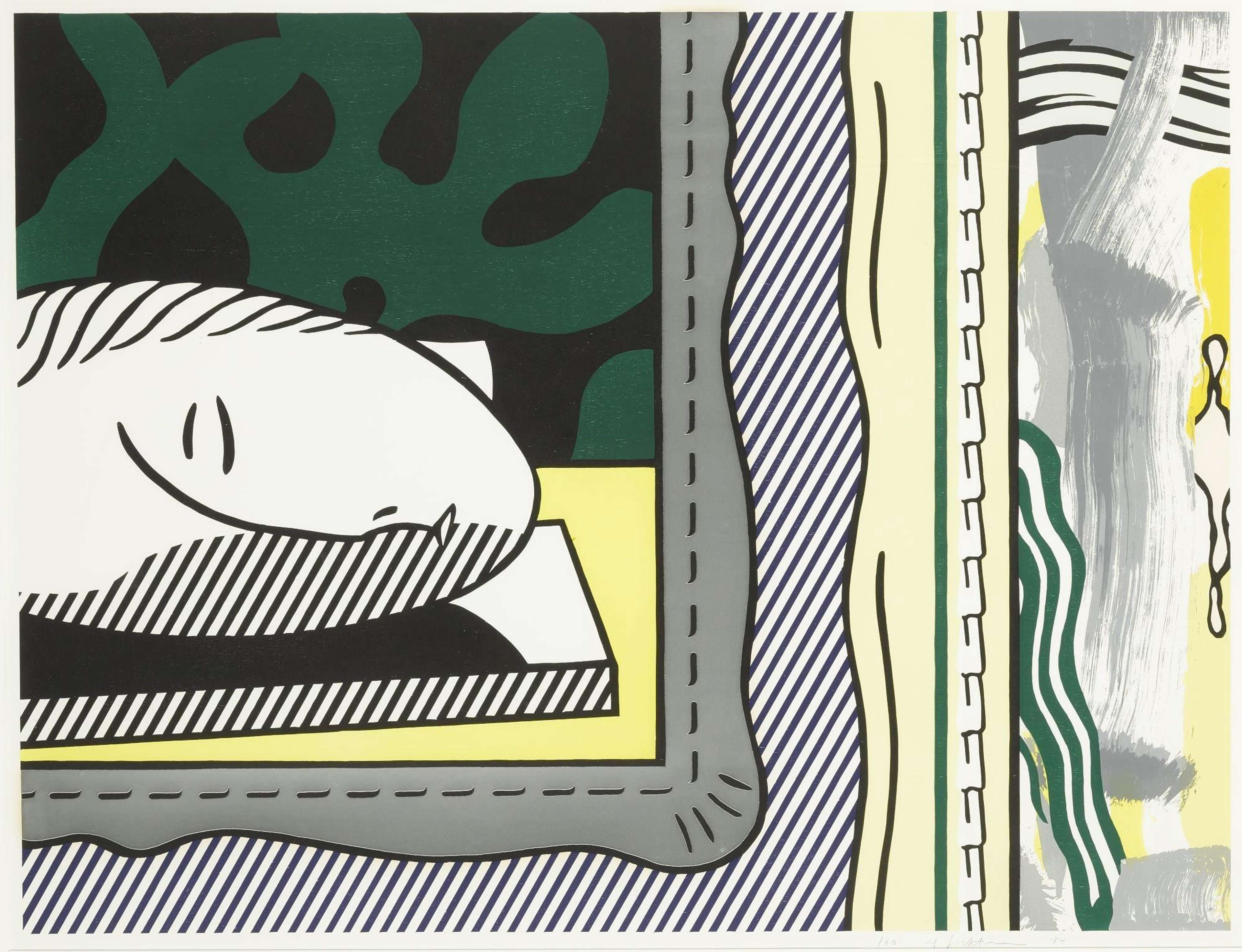 A Pop Art style female head lying horizontal within multiple mock frames