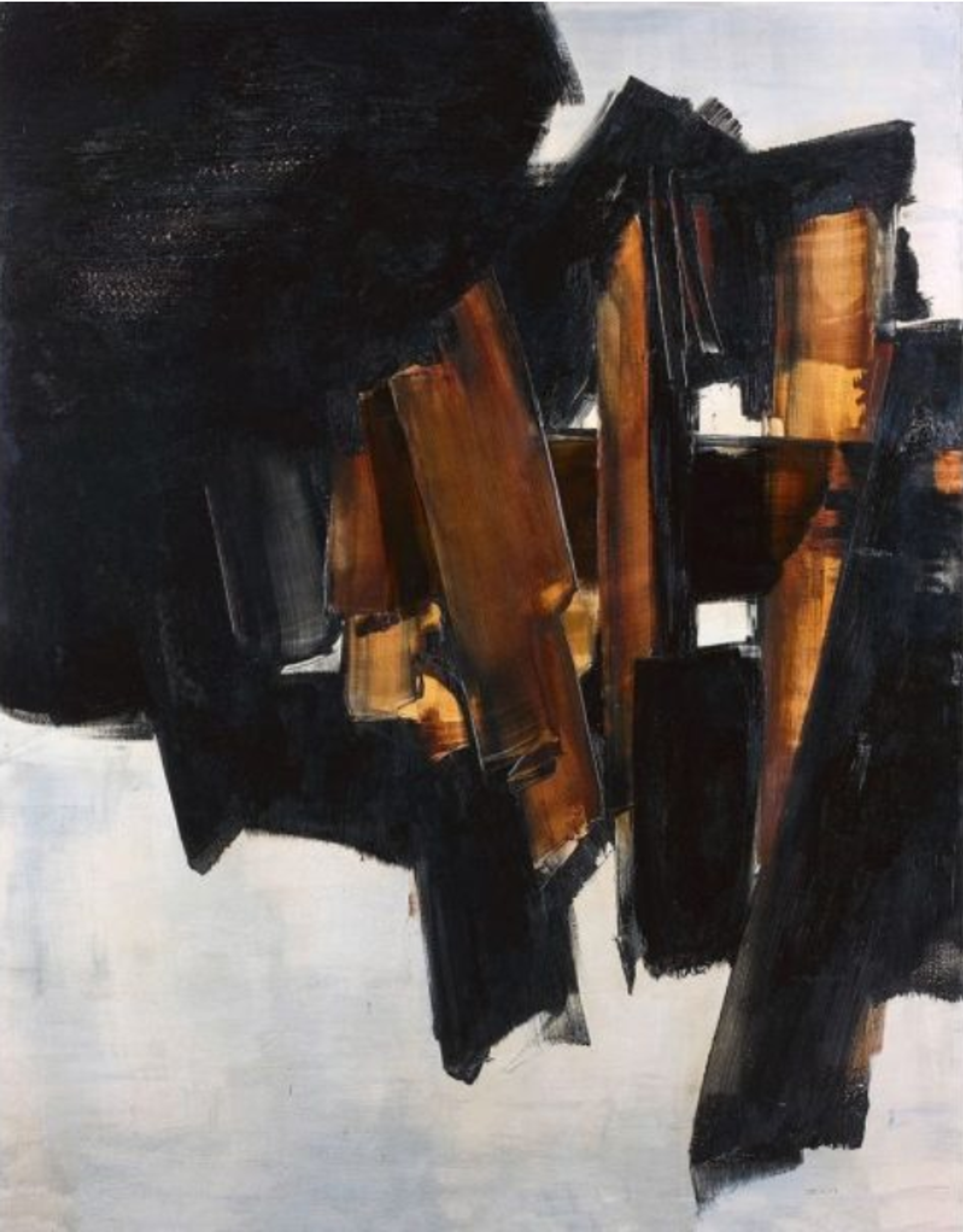An abstract painting with thick black brushstrokes layered over a pale background, revealing glimpses of golden ochre tones beneath, creating dramatic contrasts and light effects.