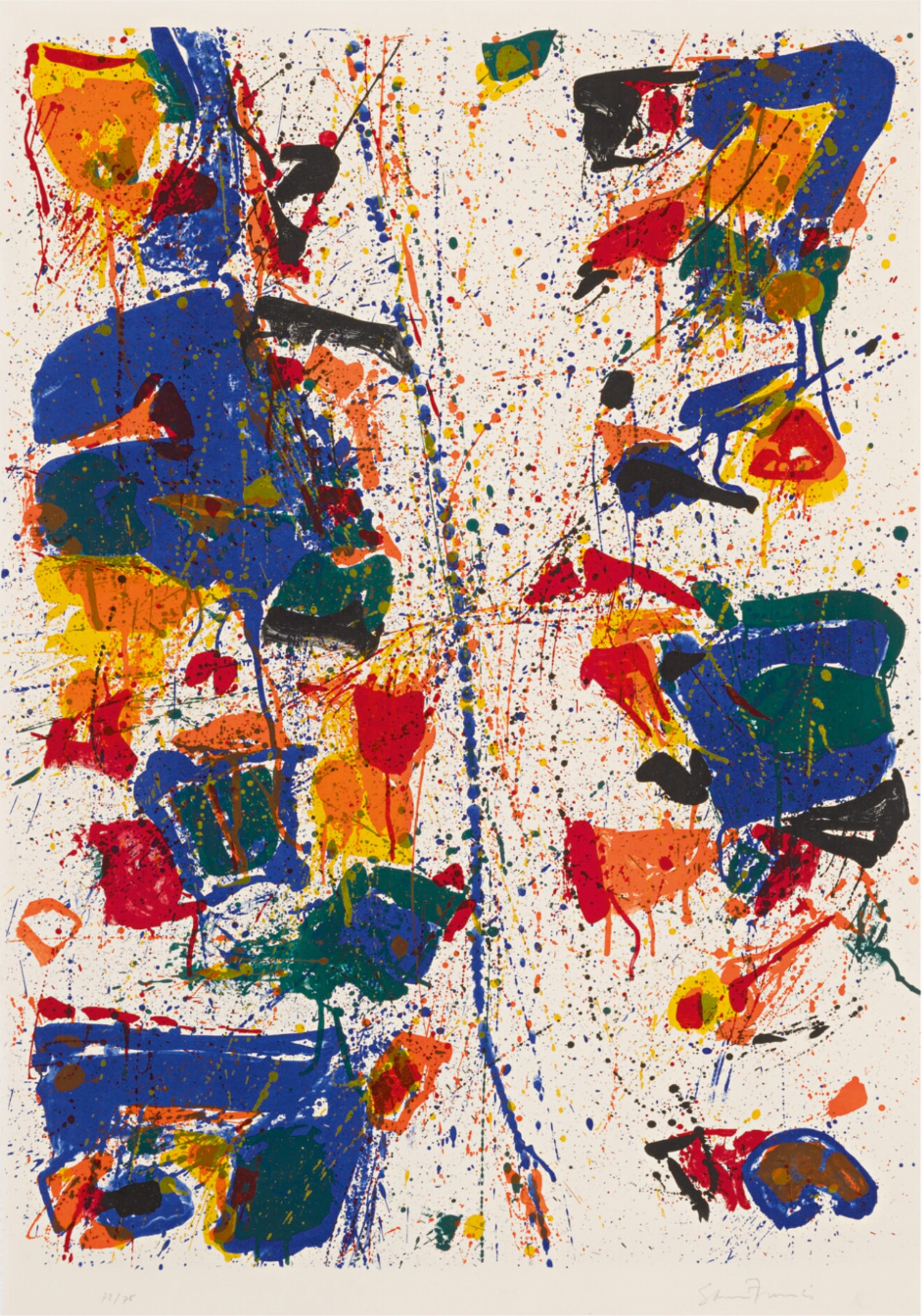 Une lithographie qui présente de larges coups de pinceau bleus et verts, intuitifs, ainsi que des éclaboussures rouges et orangées. Un espace blanc vertical parcourt le centre, divisant l'estampe en deux moitiés.