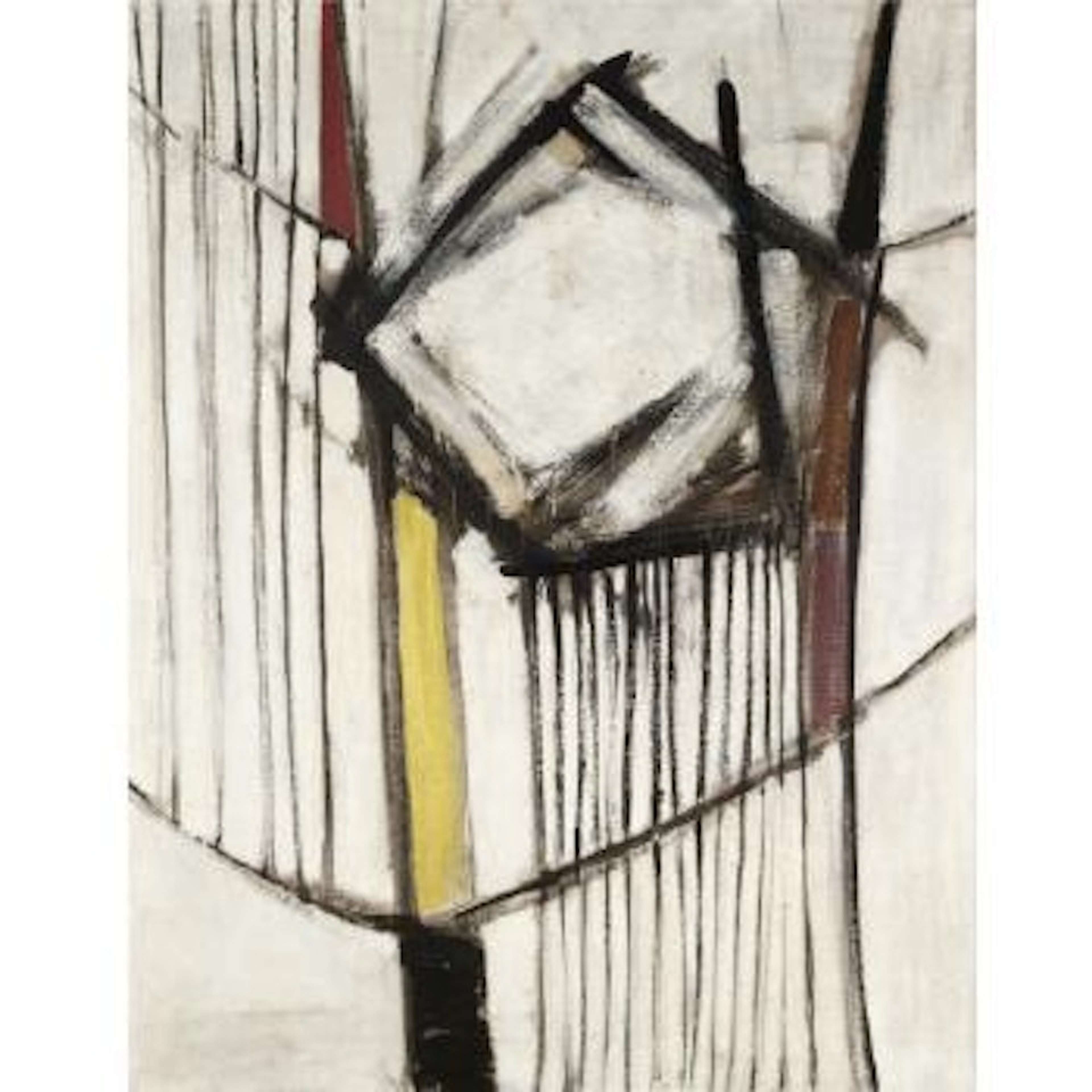 An abstract canvas with slender vertical black lines in the centre, intersected by an abstract pentagonal structure.