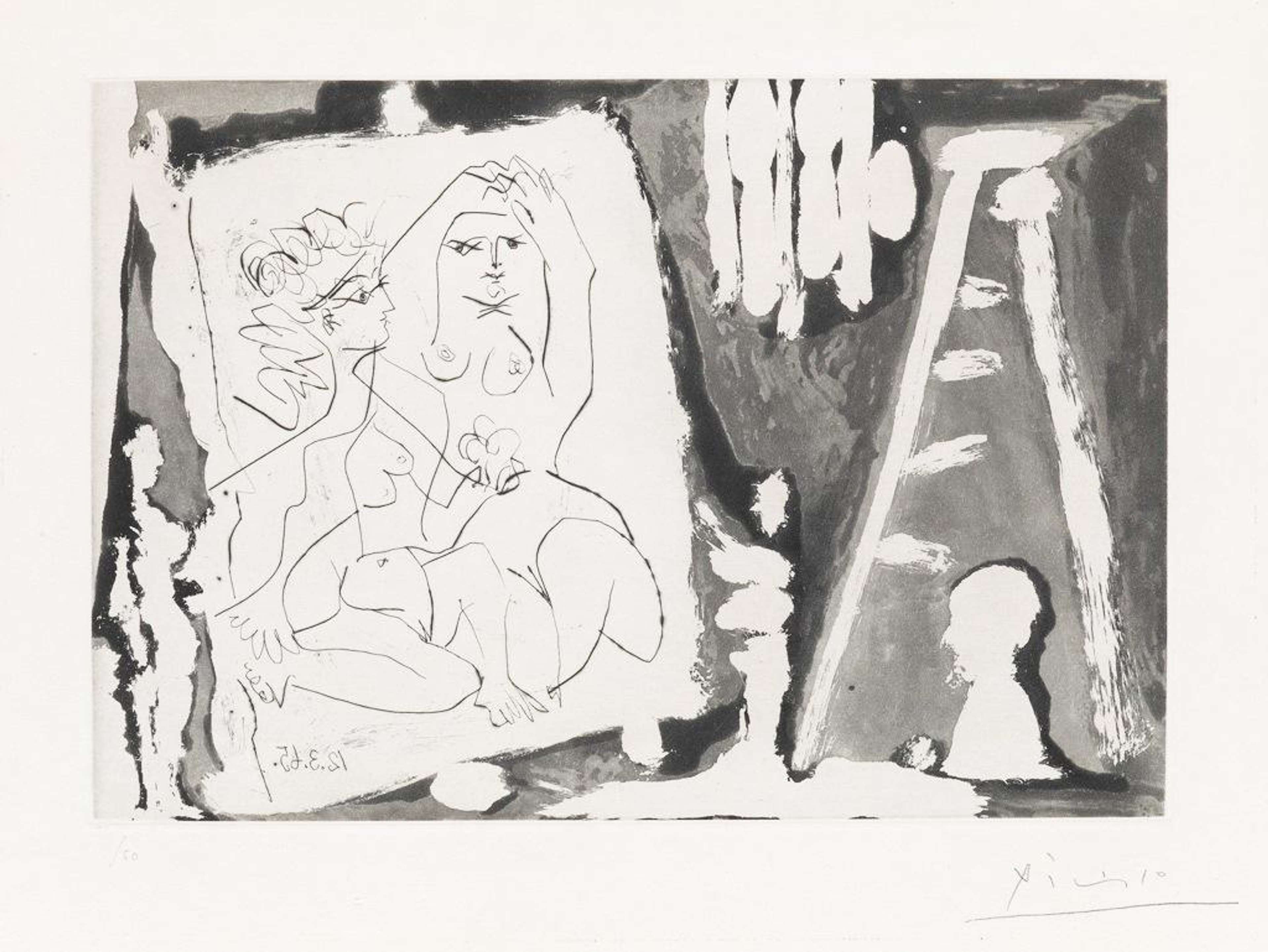 Cette estampe monochrome révèle le point de vue de l'artiste regardant vers son atelier. On y voit des œuvres inachevées et des matériaux.