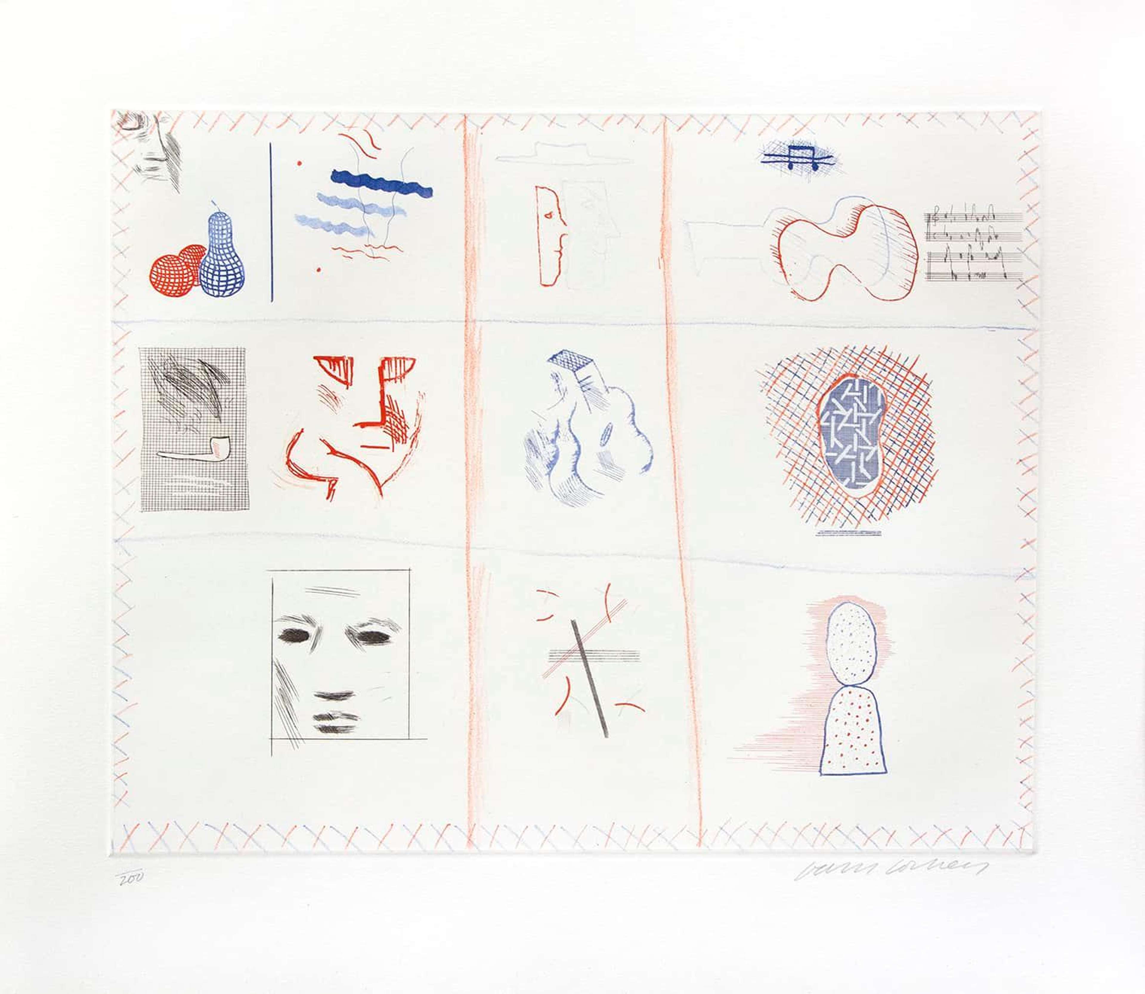 « Franco-American Mail » de David Hockney. Une gravure représentant une enveloppe avec neuf cases remplies d'un assortiment d'images.