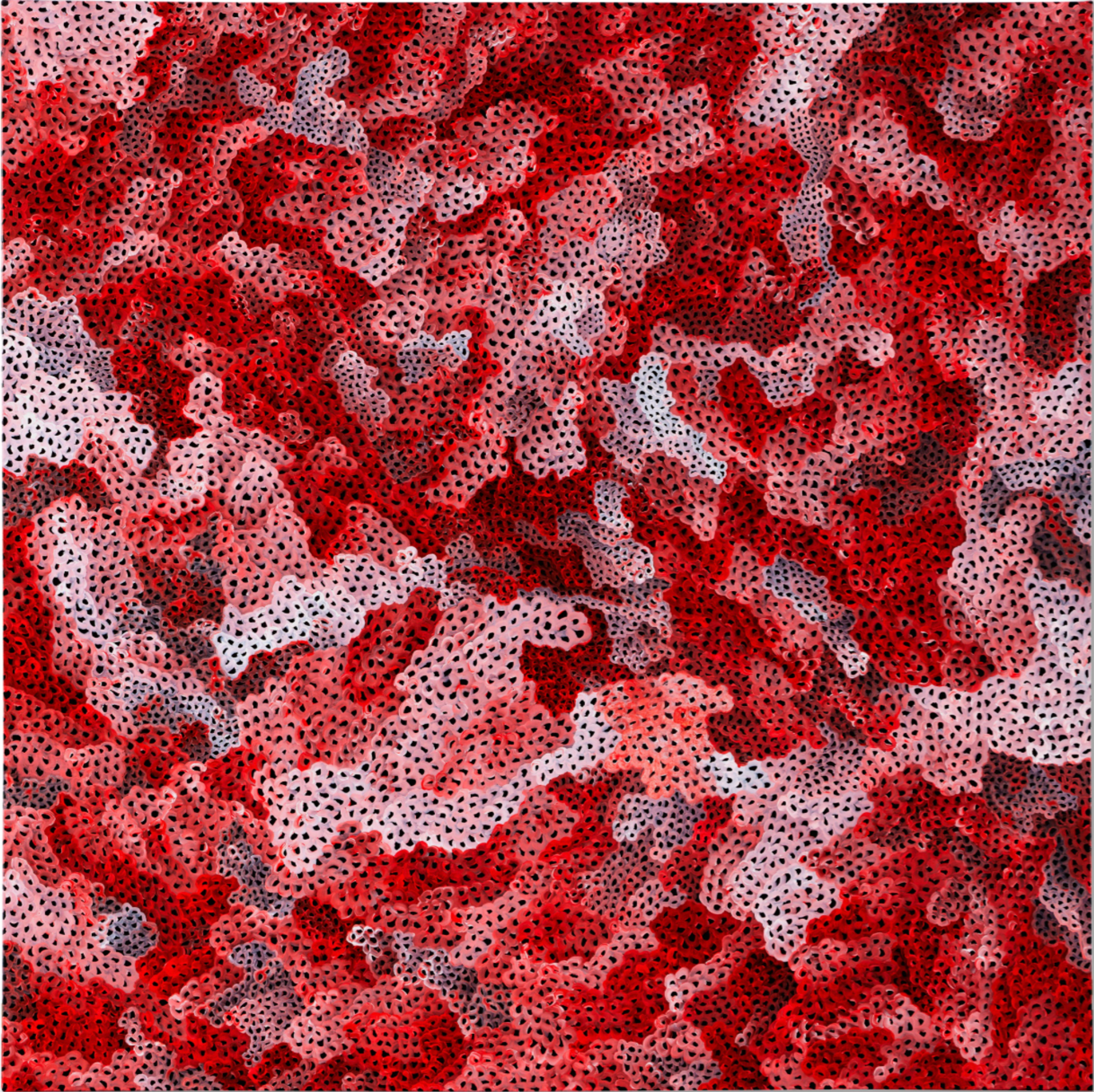 Peinture abstraite de grande échelle par Yayoi Kusama, aux nuances de rouge et de rose, présentant des lignes blanches et un fond noir qui forment un labyrinthe d'amas kaléidoscopiques.