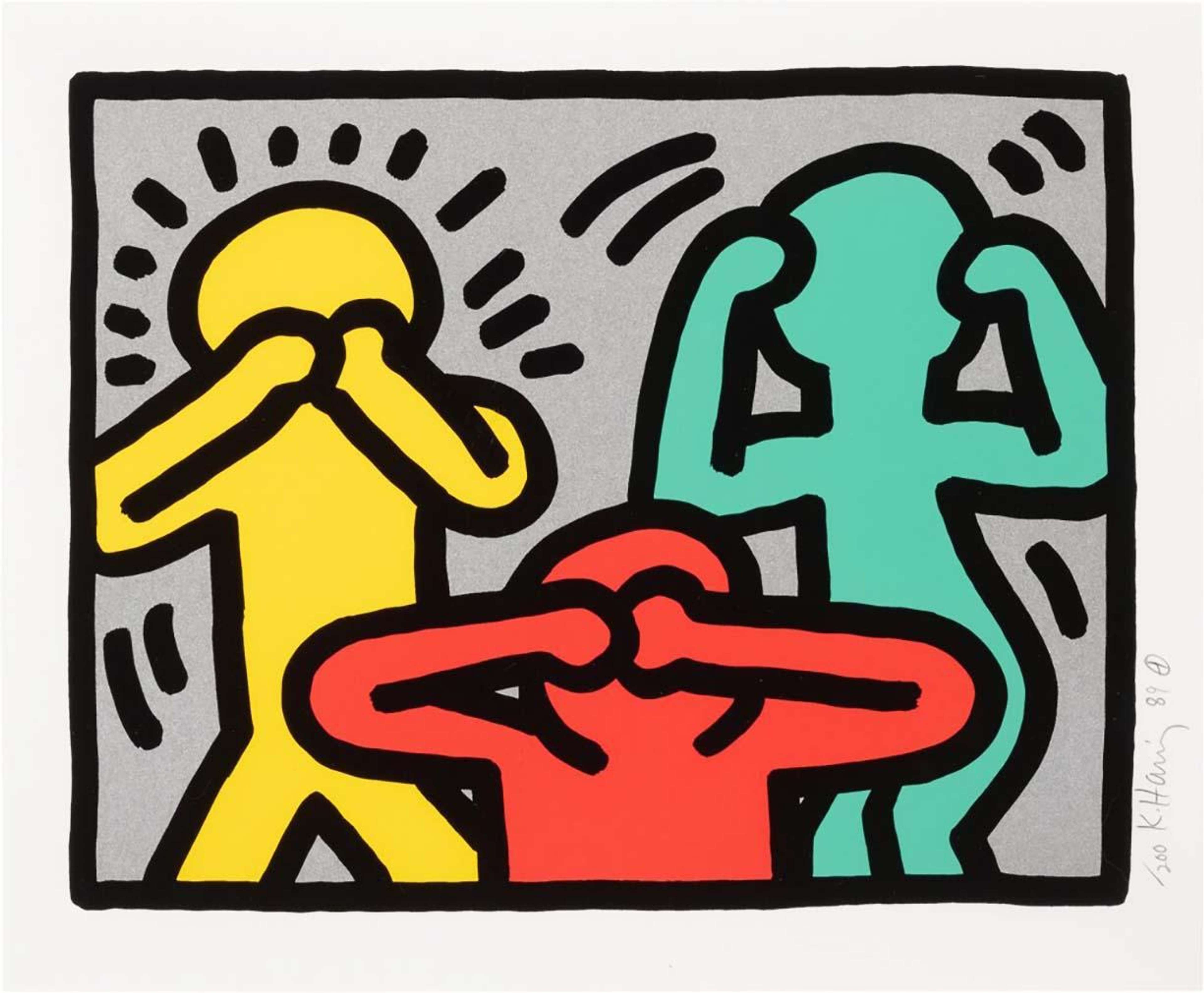 Keith Haring’s Pop Shop III, Plate II. A Pop Art screenprint of three animated characters, yellow, red, and green, respectively covering their mouth, eyes and ears.