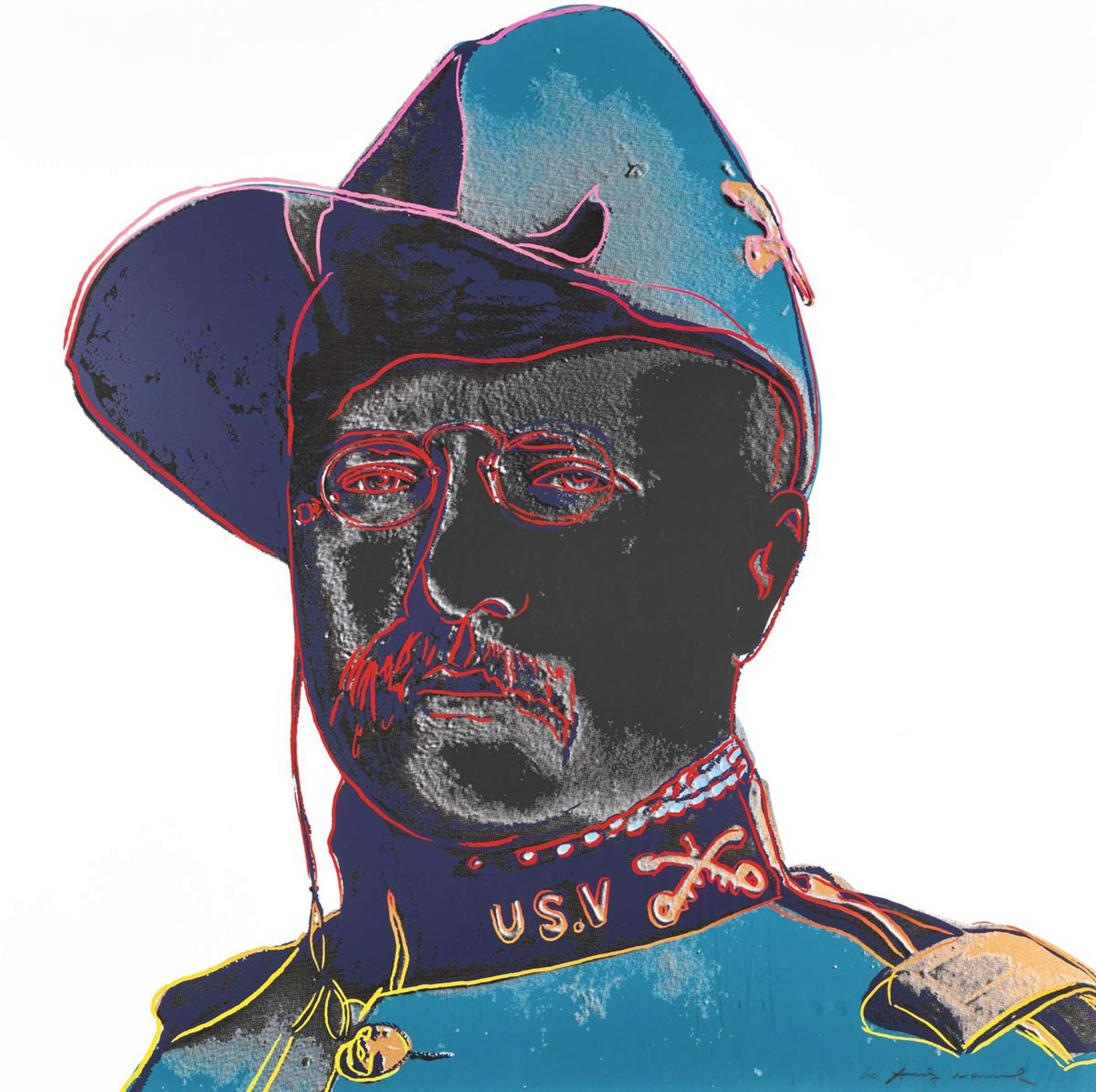 Warhol’s Pop portrait of Theodore Roosevelt, the Rough Rider president depicted in a bold, poster-like composition.