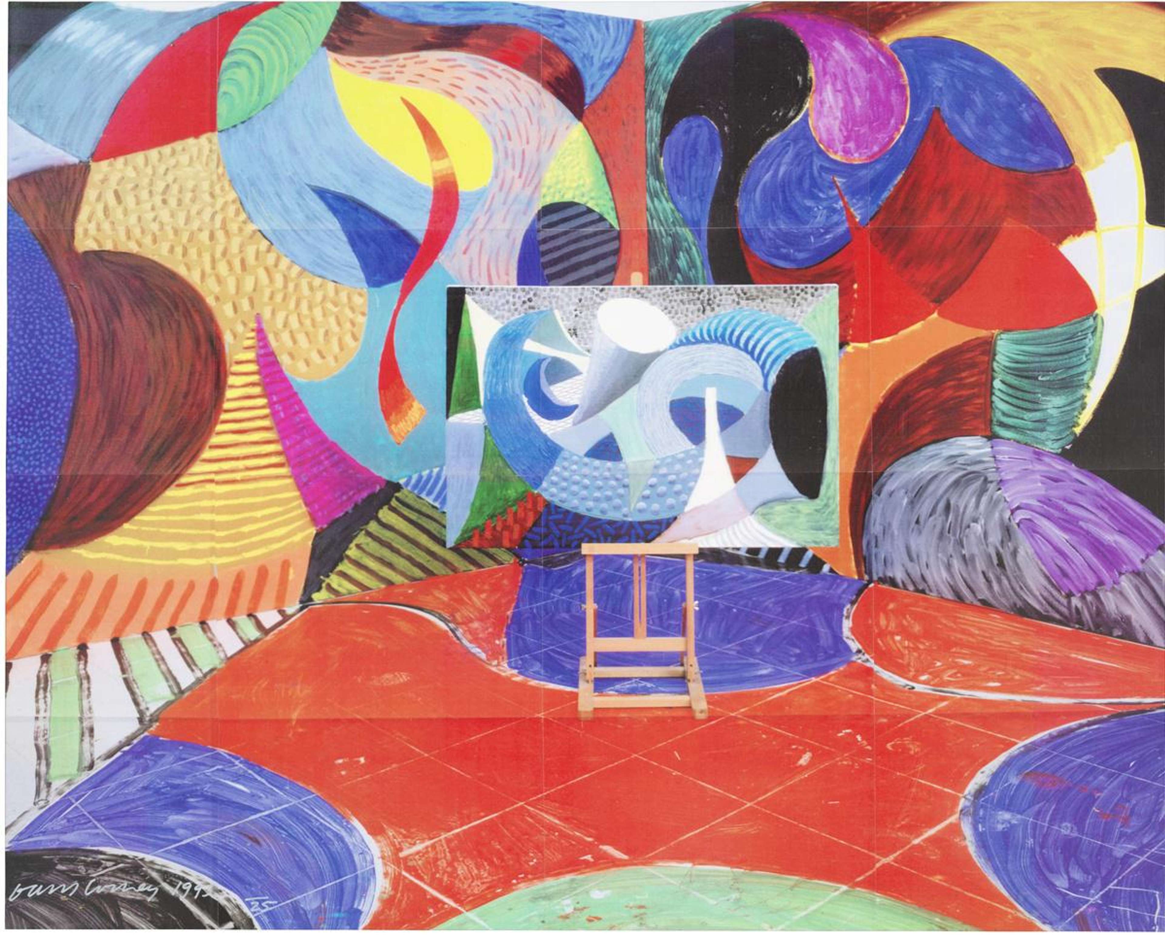 Une estampe couleur au laser de David Hockney, intitulée « Painted Environment III », représentant un chevalet central présentant une toile abstraite bleu et blanc, le tout installé dans un intérieur de studio kaléidoscopique, vibrant de formes multicolores et enveloppantes. L’œuvre présente un sol écarlate vif, traversé par des diagonales pâles, et des murs environnants peuplés d’arcs imbriqués d’émeraude, de cobalt, de violet, de citron et de noir, créant une illusion spatiale vertigineuse qui brouille la peinture et l’environnement. Exécutée en 1994 dans le cadre des expérimentations de David Hockney avec l’estampe photographique, l’œuvre porte la signature du feutre argenté de l’artiste dans la marge inférieure droite et a été éditée à 25 exemplaires signés.