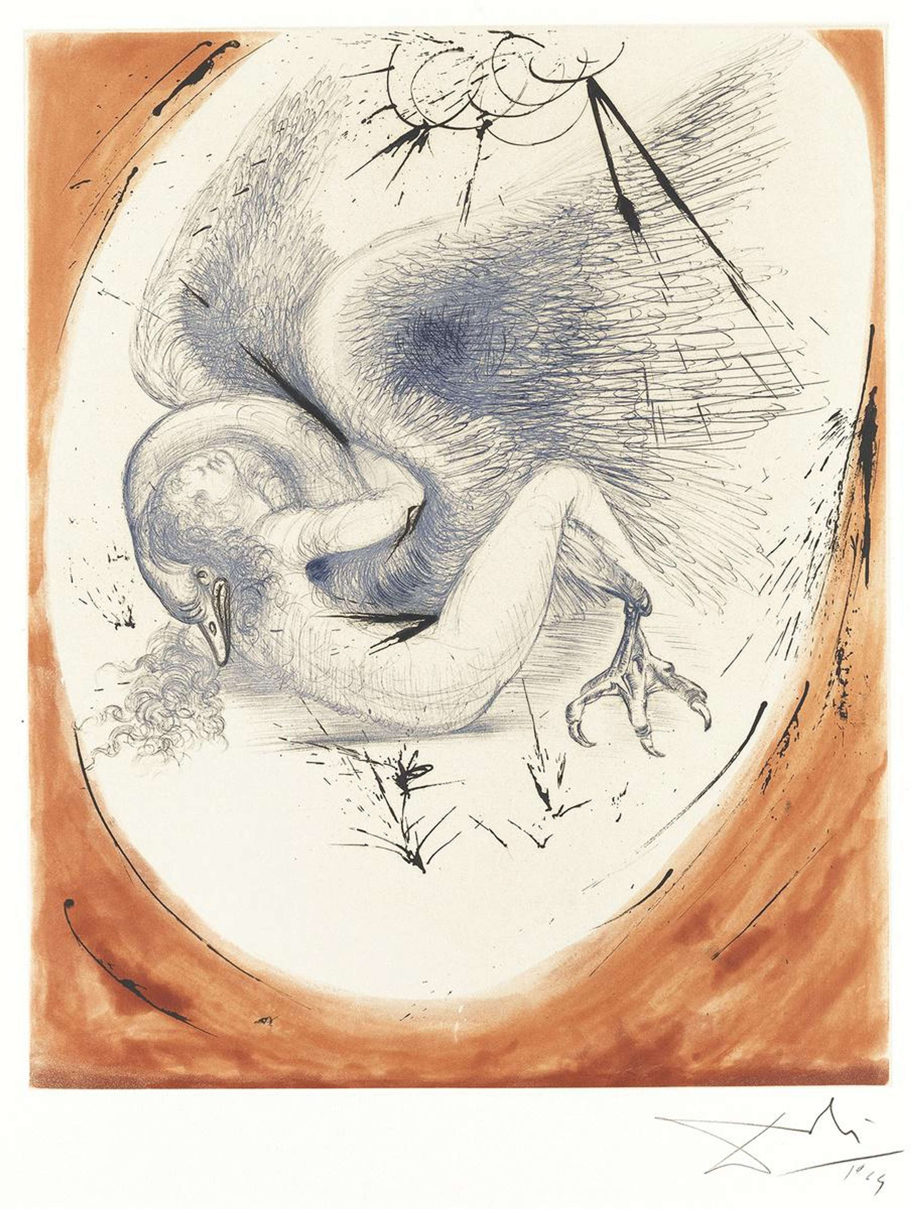 Une représentation surréaliste et légèrement abstraite de Léda et le cygne, tirée de la mythologie grecque. Le contour du corps du cygne n'est pas toujours distinct, bien que sa tête et les plumes de ses ailes soient clairement visibles. Un grand pied ressemblant à une griffe se trouve en dessous. Un ovale peint, de couleur brun orangé, l'encadre.