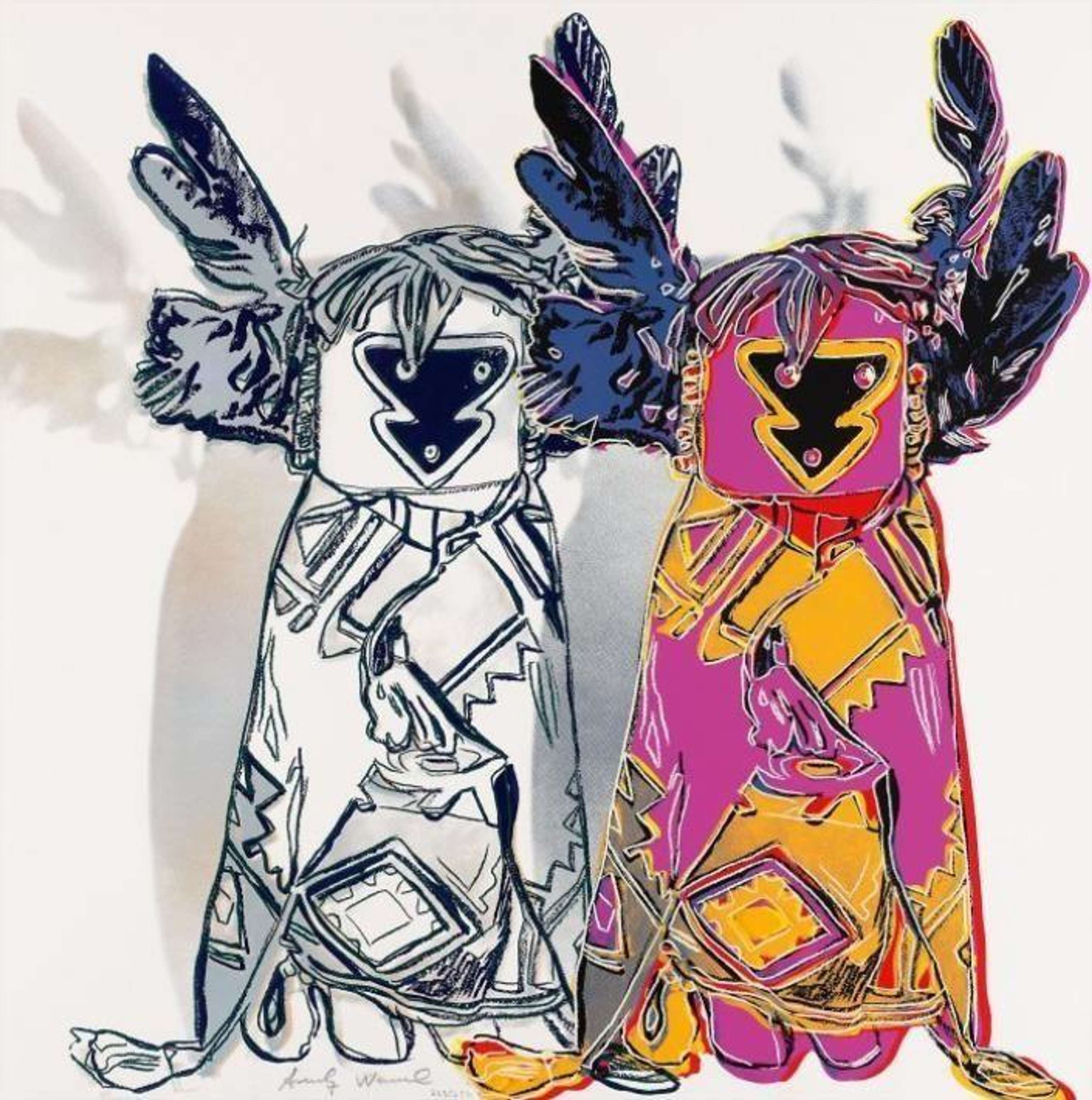 A Warhol screenprint depicting traditional Hopi Kachina dolls, their shapes flattened and colours intensified into Pop iconography.