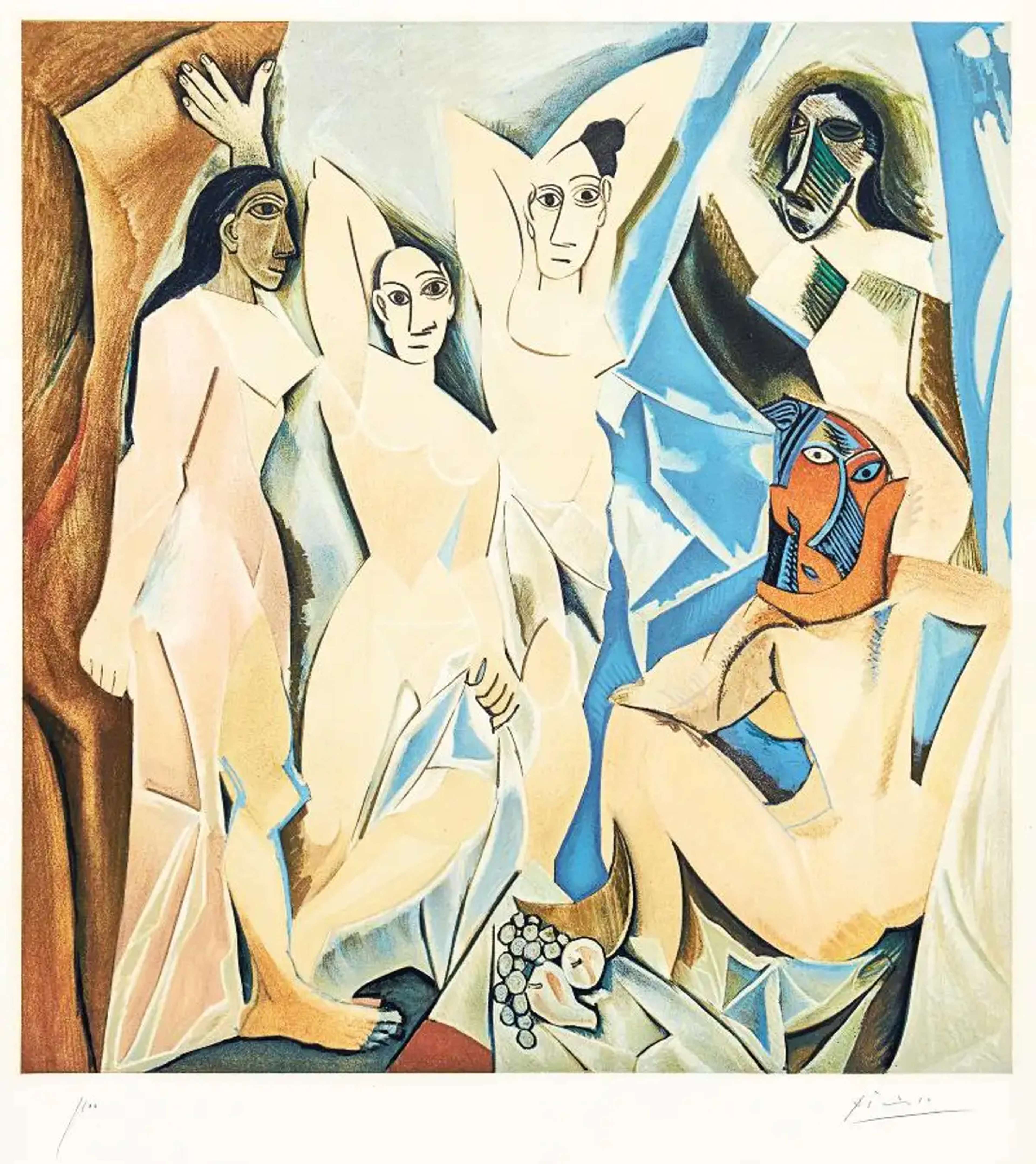 Les Demoiselles Avignon de Pablo Picasso. Une lithographie d'une peinture cubiste représentant cinq femmes nues dans une pièce aux draps drapés. Un bol de fruits, le « Bowl Of Fruit », est posé au sol, au centre des femmes.