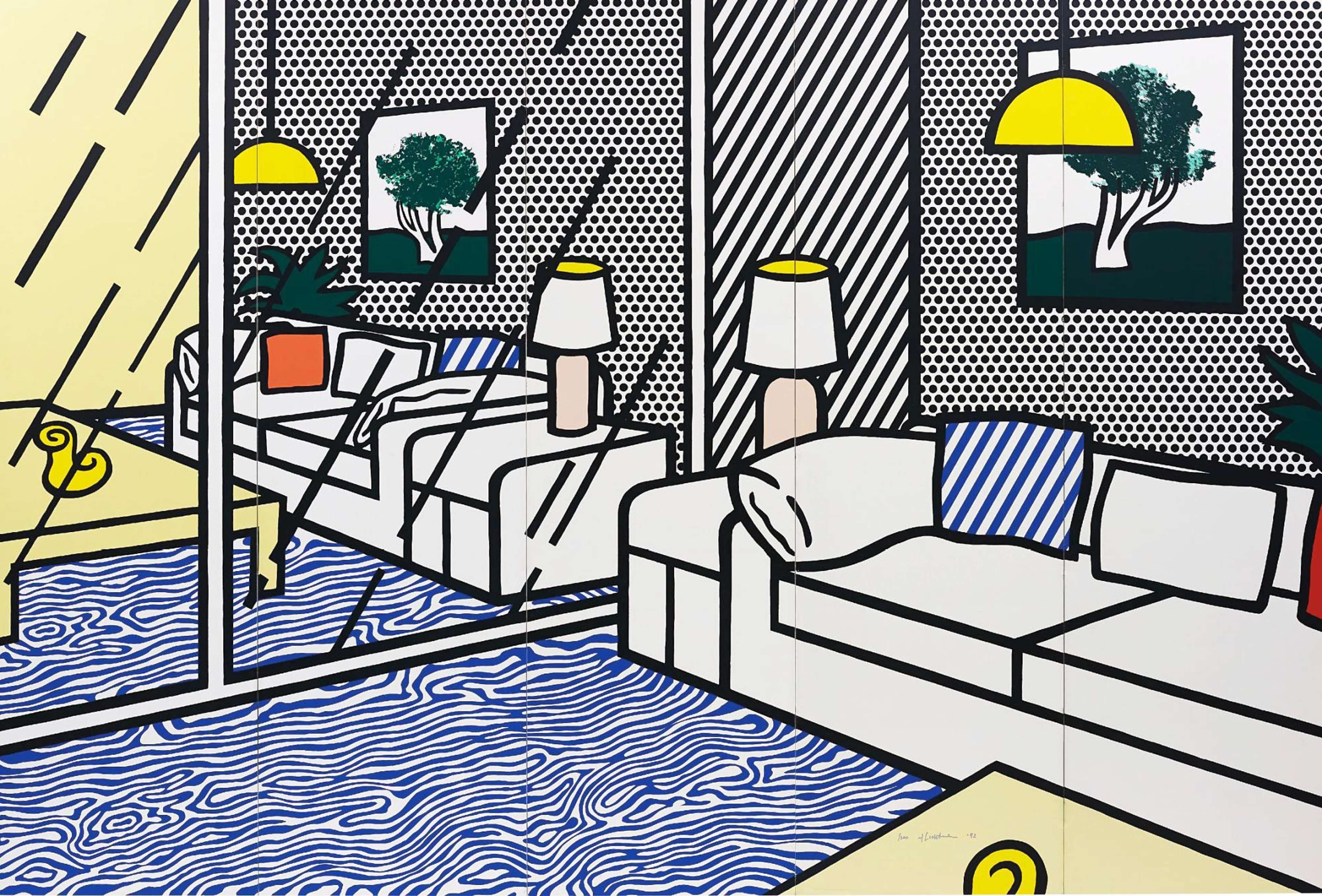 A stylised interior scene with patterned wallpaper and a blue floor, merging decoration and abstraction.