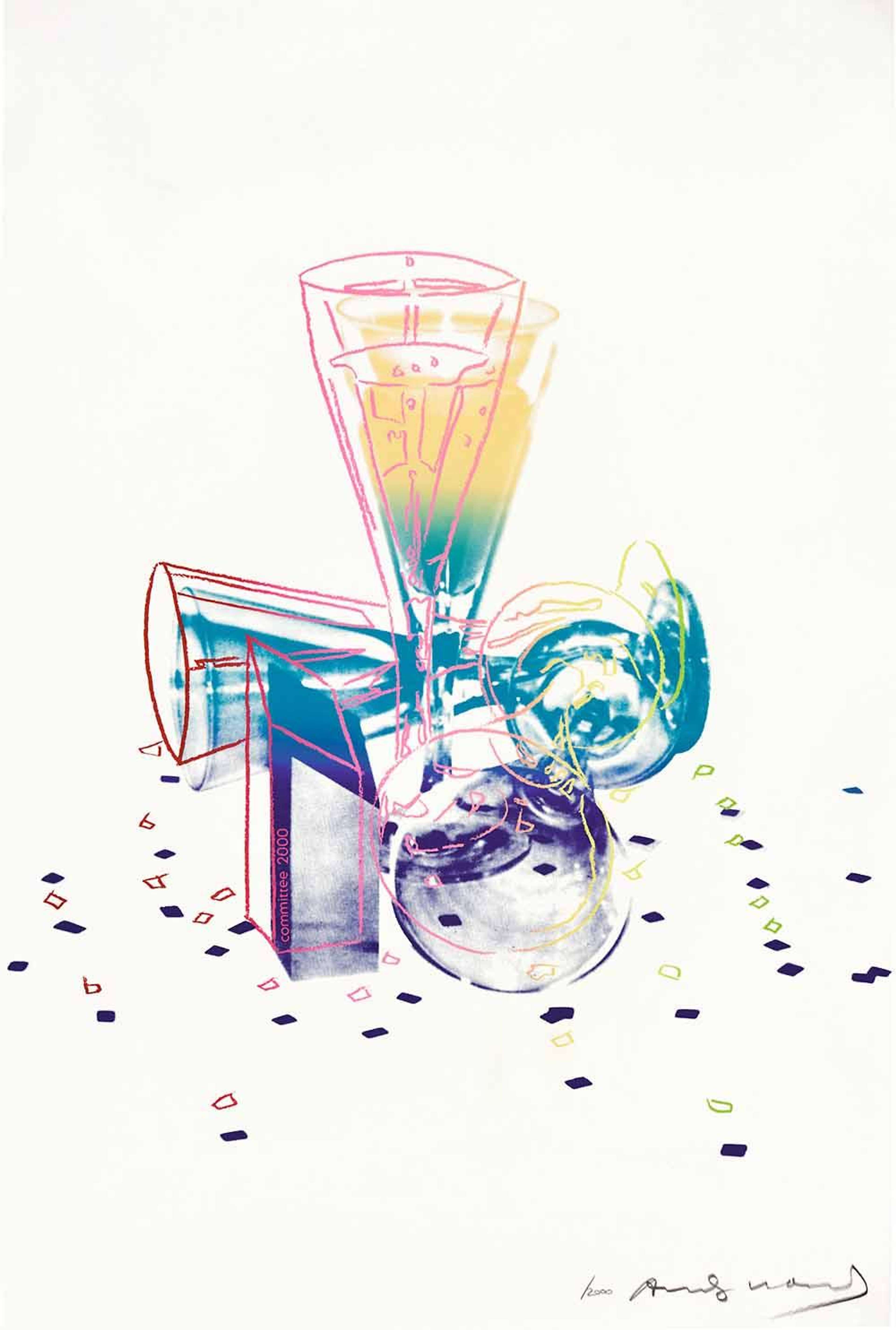 Croquis de trois verres à cocktail, deux posés sur la surface et un debout avec un dégradé de bleu et de jaune.