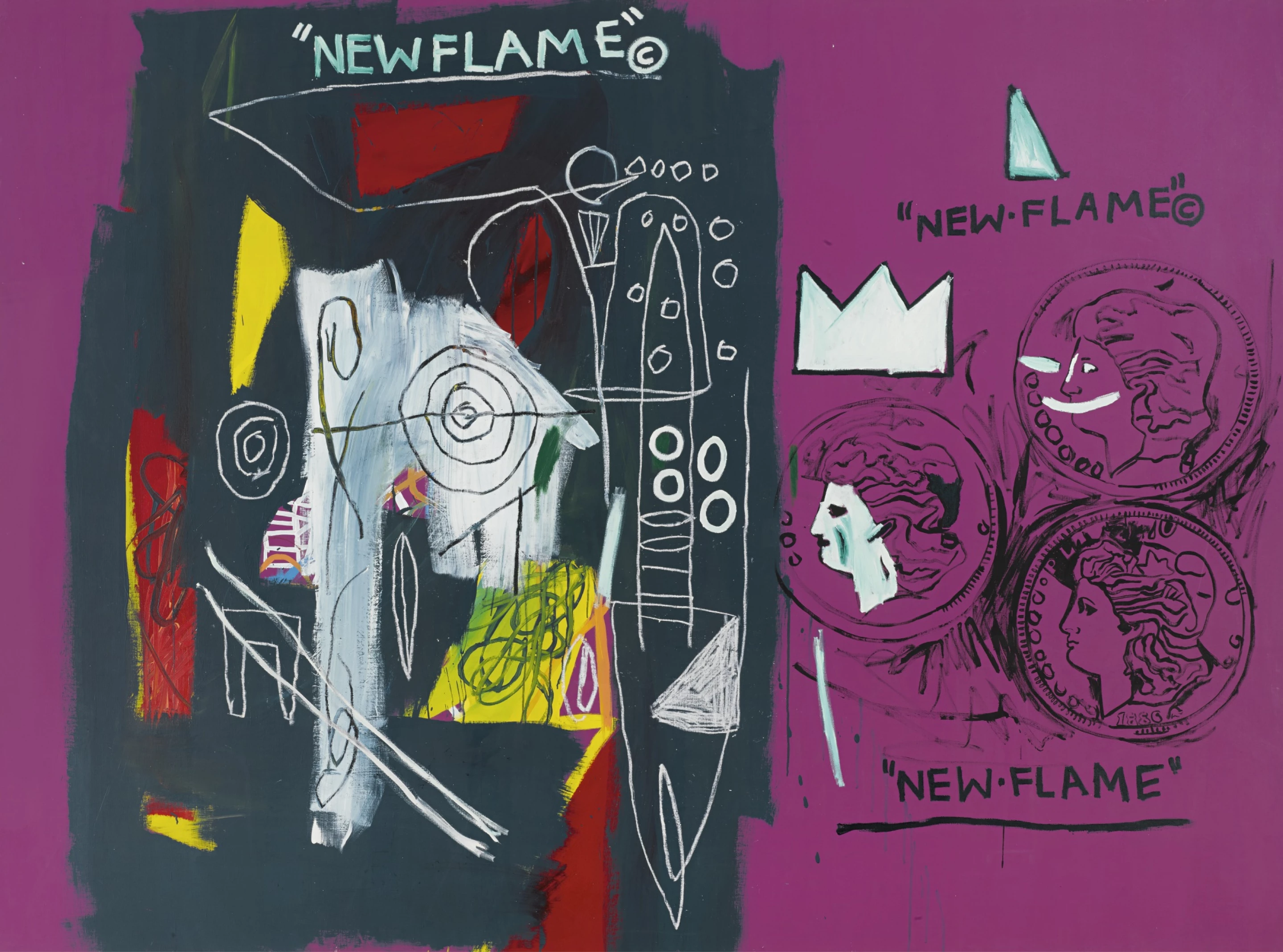 Dans cette œuvre, Warhol a esquissé trois pièces de un dollar en argent, représentant la figure de la liberté. Par la suite, Basquiat les a coloriées et dégradées. Soulignant la référence de Warhol à la statue de la liberté portant une torche, érigée en 1886, année de création des pièces en argent de Warhol, Basquiat a intitulé cette section de la toile « NEW FLAME » (Nouvelle Flamme). En incluant sa couronne emblématique au centre droit, Basquiat a attribué son personnage SAMO à cette moitié de la composition. Près de la moitié du fond rose d'origine est recouverte de larges coulées frénétiques de noir charbon, de blocs peints en rouge et jaune, et de gribouillis blancs enfantins.